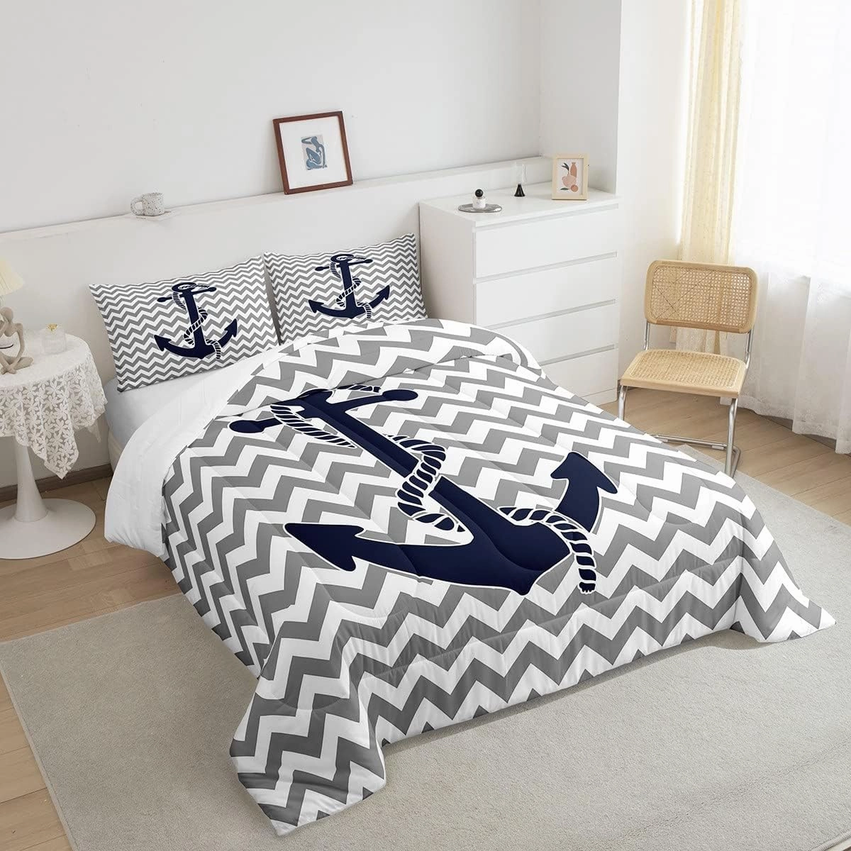Nautical Anchor Comforter Set Queen Size,Geometric Gray Stripe Bedding Set 3pcs for Kids Teens Adults Room Decor,Ocean Adventure Themed Quilted Duvet Modern Abstract Duvet Insert,2 Pillowcases