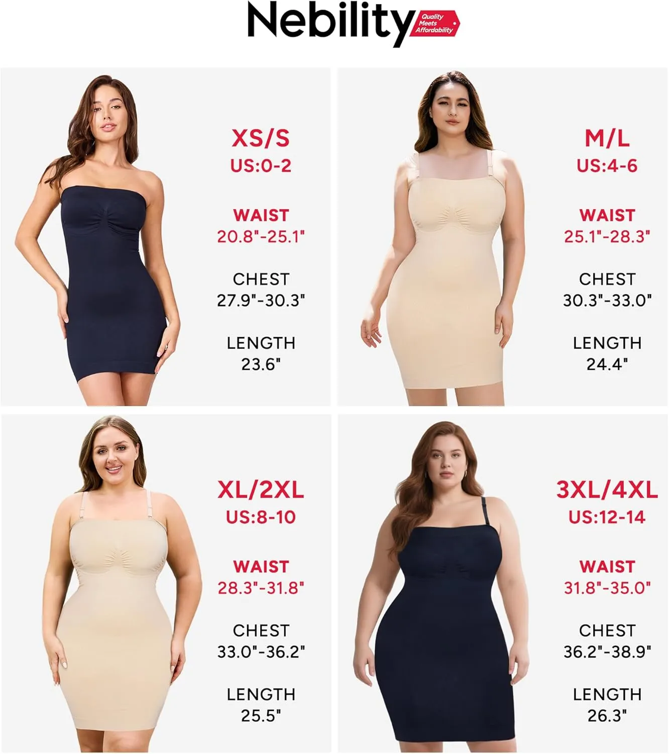 Nebility Strapless Shapewear Slip for Women Tummy Control Body Shaper Under Dress Seamless Lingerie with Removable Straps