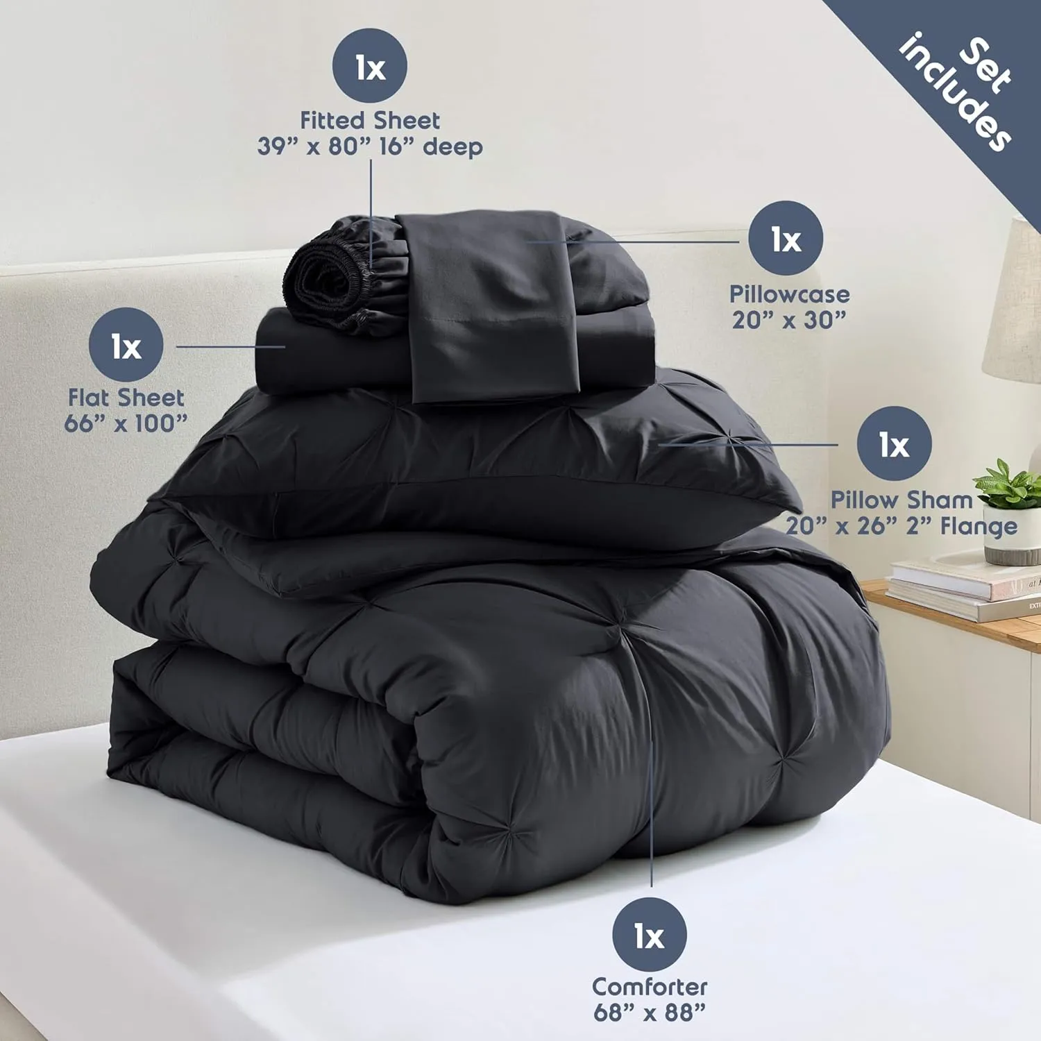 Nestl Twin XL Comforter Set 5 Piece - Pintuck Twin XL Bedding Set Black, College Dorm Room Essentials Bed in a Bag, Twin XL Comforter Set for College Girls and Boys with Sheets, Pillowcase and Sham