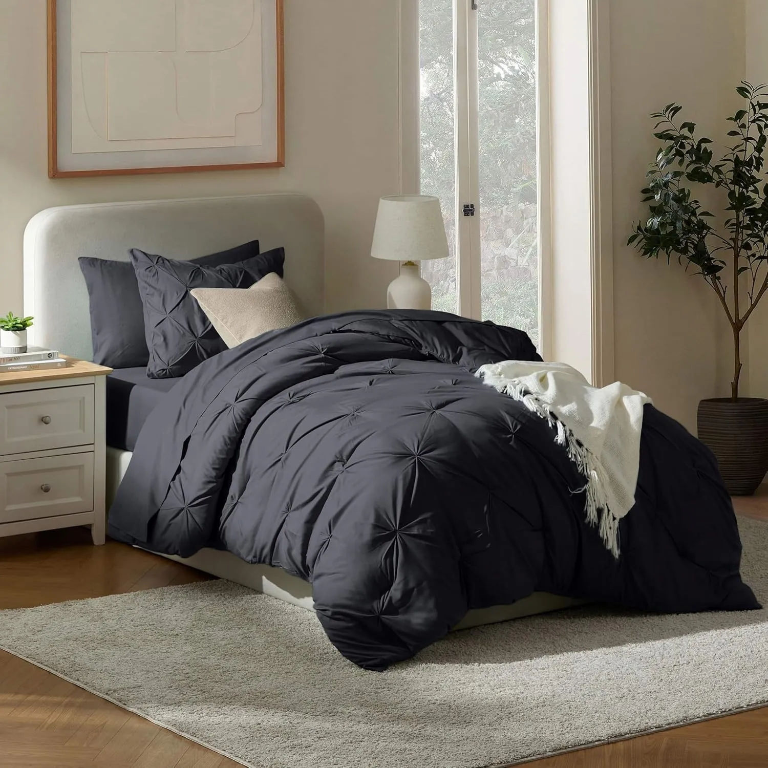 Nestl Twin XL Comforter Set 5 Piece - Pintuck Twin XL Bedding Set Black, College Dorm Room Essentials Bed in a Bag, Twin XL Comforter Set for College Girls and Boys with Sheets, Pillowcase and Sham