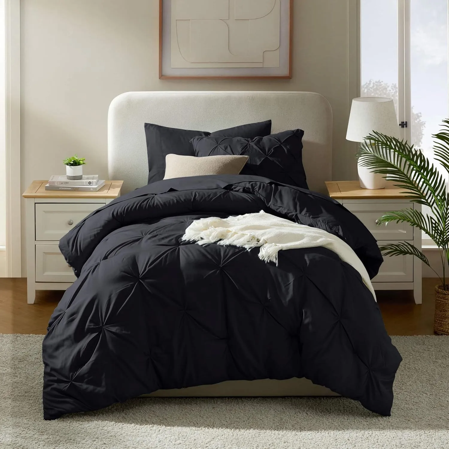 Nestl Twin XL Comforter Set 5 Piece - Pintuck Twin XL Bedding Set Black, College Dorm Room Essentials Bed in a Bag, Twin XL Comforter Set for College Girls and Boys with Sheets, Pillowcase and Sham