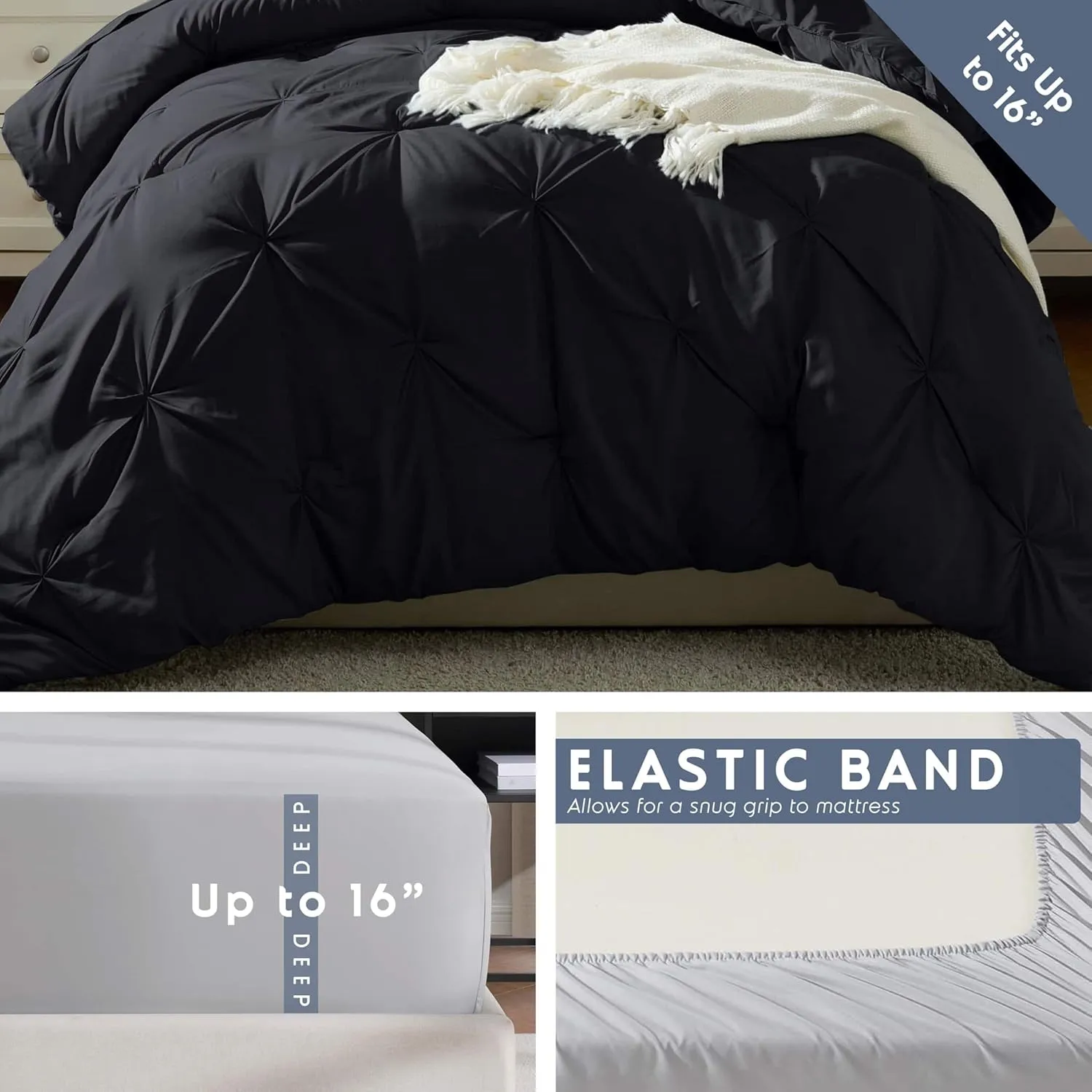 Nestl Twin XL Comforter Set 5 Piece - Pintuck Twin XL Bedding Set Black, College Dorm Room Essentials Bed in a Bag, Twin XL Comforter Set for College Girls and Boys with Sheets, Pillowcase and Sham