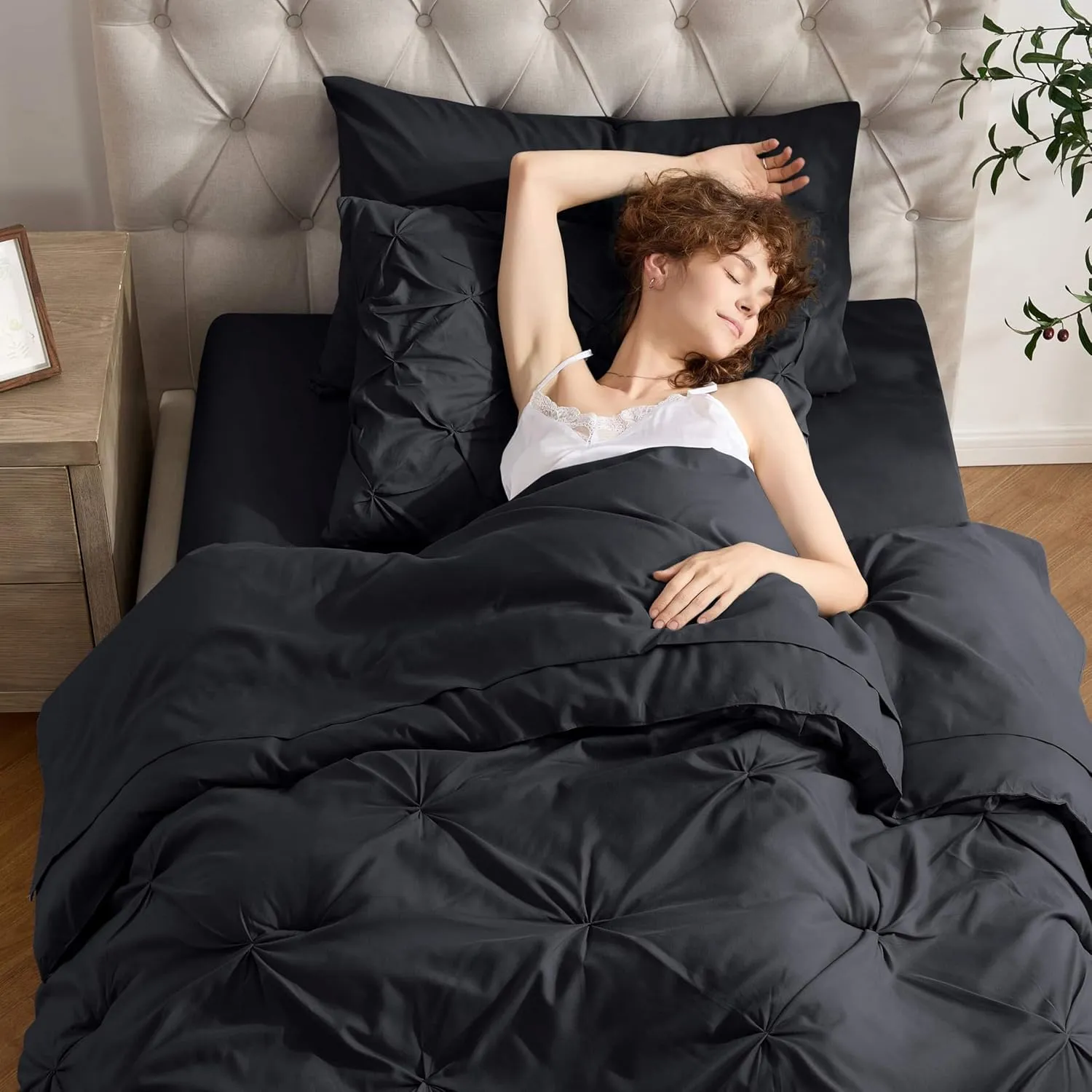 Nestl Twin XL Comforter Set 5 Piece - Pintuck Twin XL Bedding Set Black, College Dorm Room Essentials Bed in a Bag, Twin XL Comforter Set for College Girls and Boys with Sheets, Pillowcase and Sham