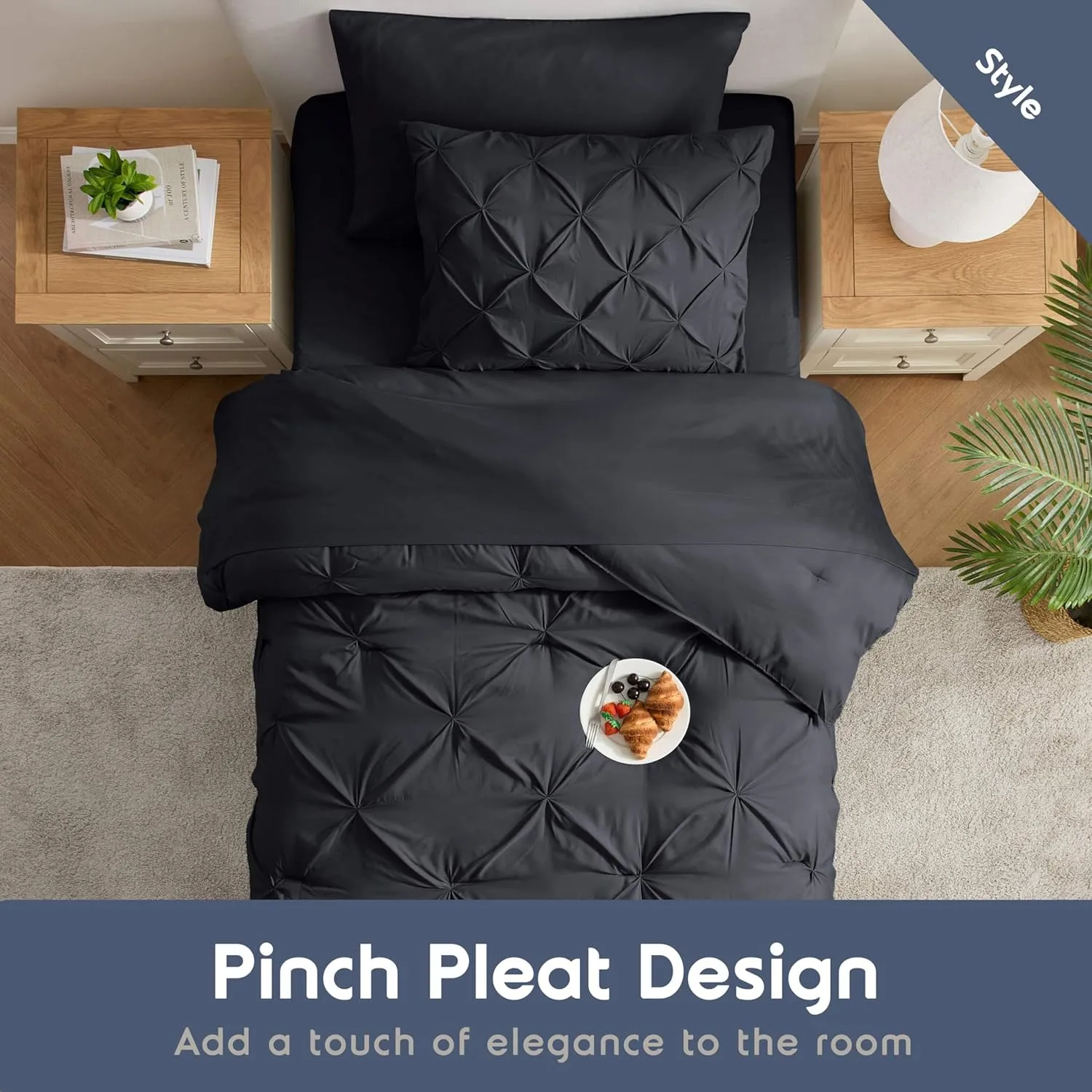 Nestl Twin XL Comforter Set 5 Piece - Pintuck Twin XL Bedding Set Black, College Dorm Room Essentials Bed in a Bag, Twin XL Comforter Set for College Girls and Boys with Sheets, Pillowcase and Sham