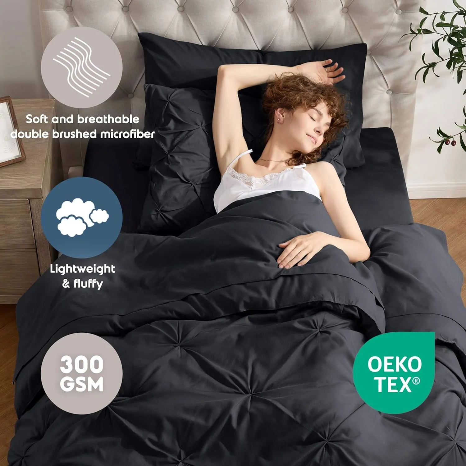 Nestl Twin XL Comforter Set 5 Piece - Pintuck Twin XL Bedding Set Black, College Dorm Room Essentials Bed in a Bag, Twin XL Comforter Set for College Girls and Boys with Sheets, Pillowcase and Sham