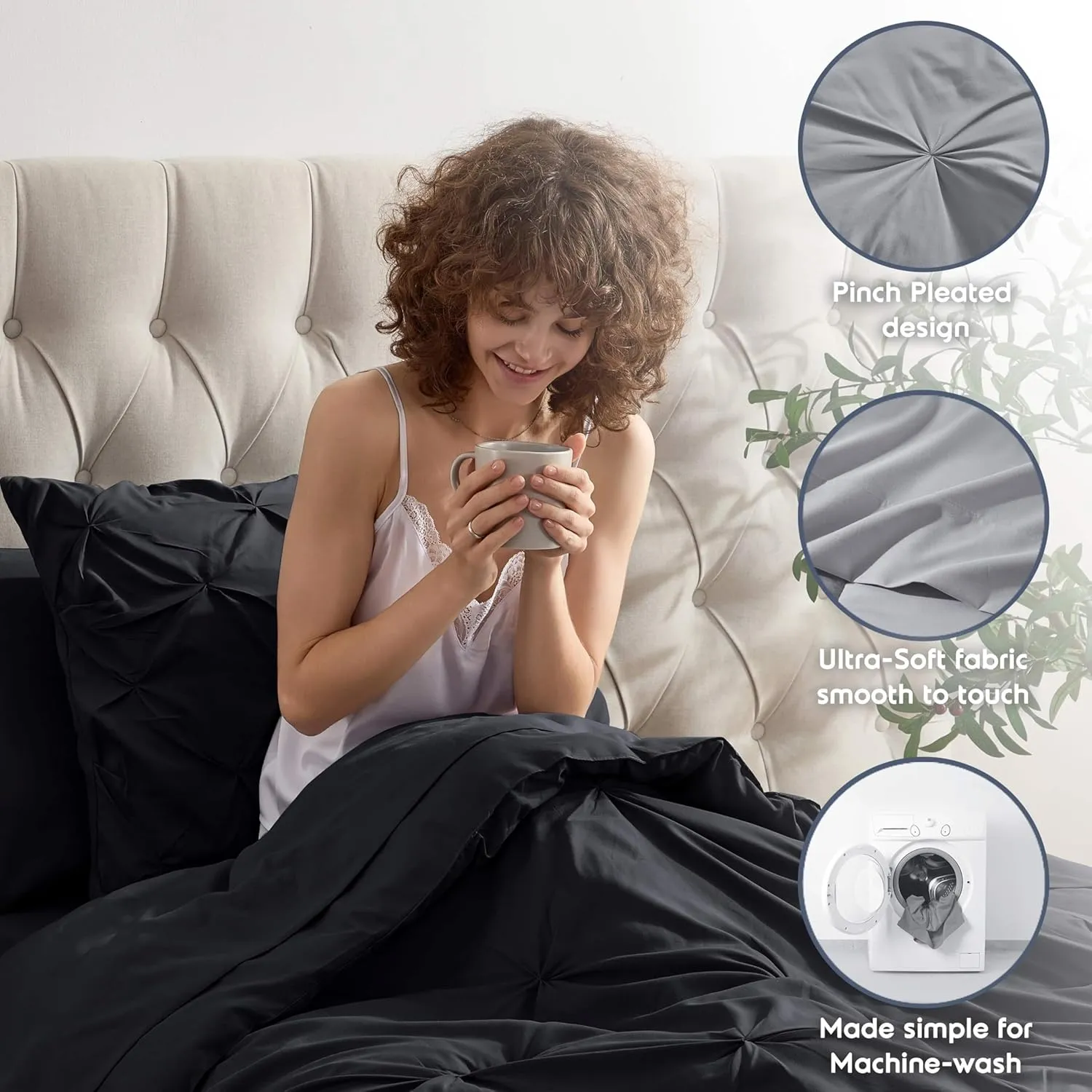 Nestl Twin XL Comforter Set 5 Piece - Pintuck Twin XL Bedding Set Black, College Dorm Room Essentials Bed in a Bag, Twin XL Comforter Set for College Girls and Boys with Sheets, Pillowcase and Sham