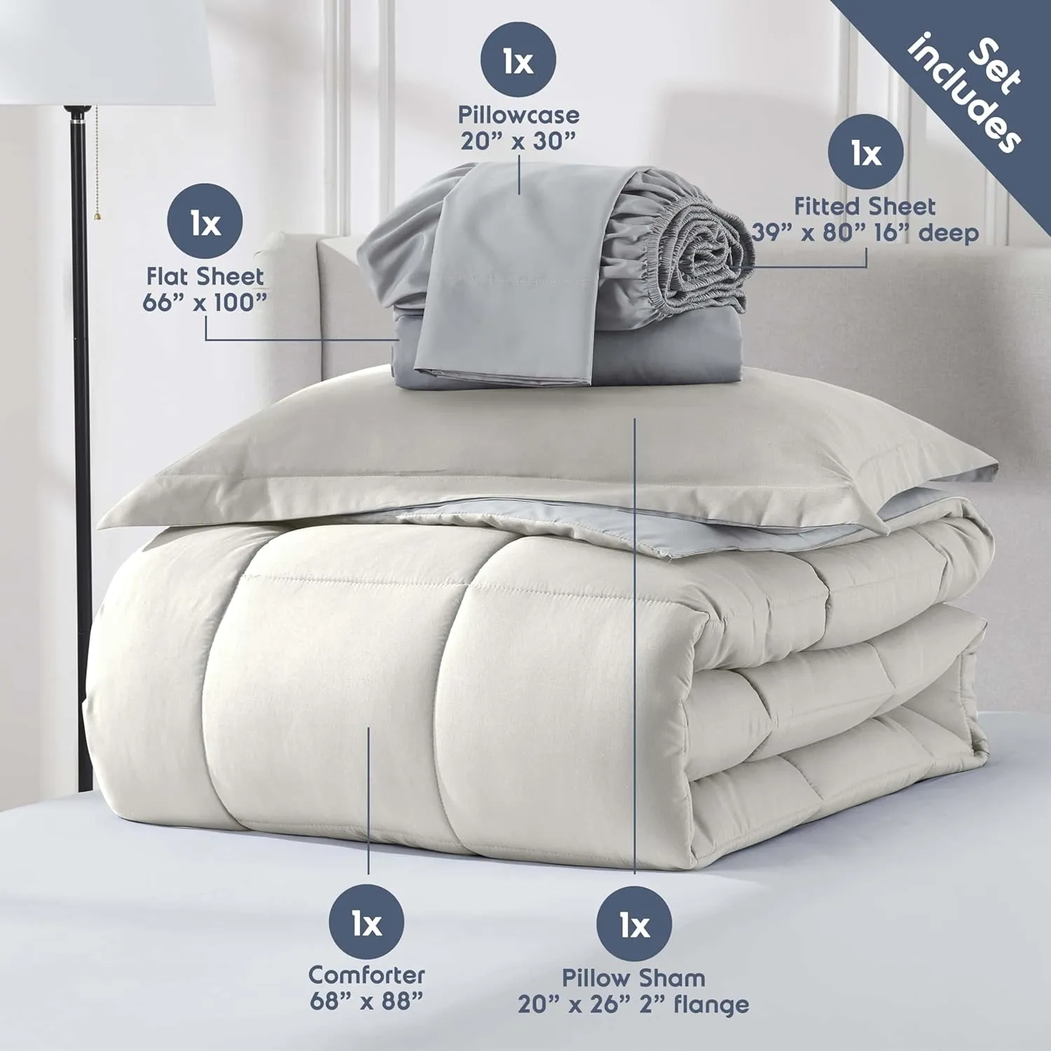 Nestl Twin XL Comforter Set 5 Piece, Reversible Twin XL Bedding Set Off White, College Dorm Essentials Bed in a Bag, Twin XL Comforter Set for College Girls and Boys with Sheets, Pillowcase and Sham