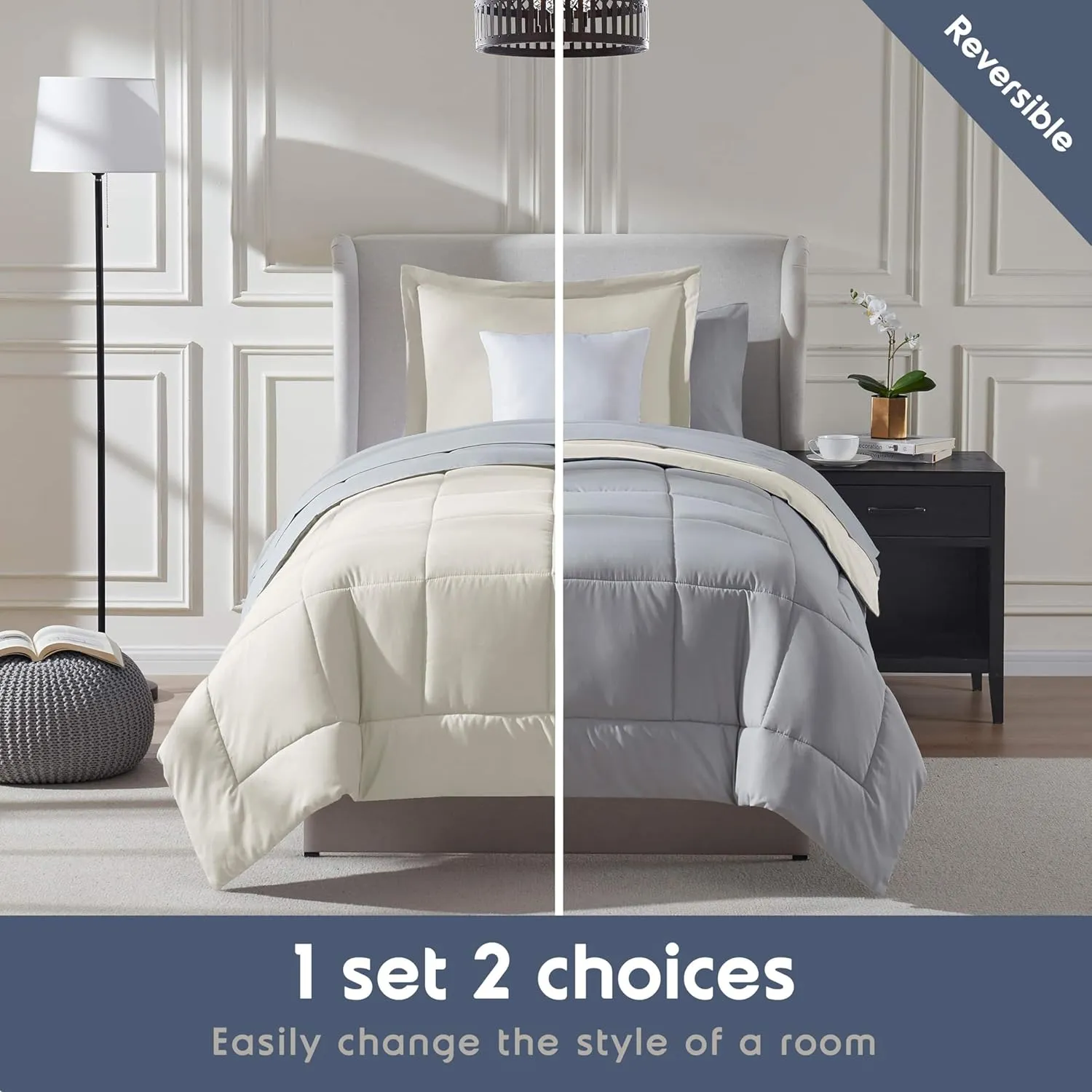 Nestl Twin XL Comforter Set 5 Piece, Reversible Twin XL Bedding Set Off White, College Dorm Essentials Bed in a Bag, Twin XL Comforter Set for College Girls and Boys with Sheets, Pillowcase and Sham