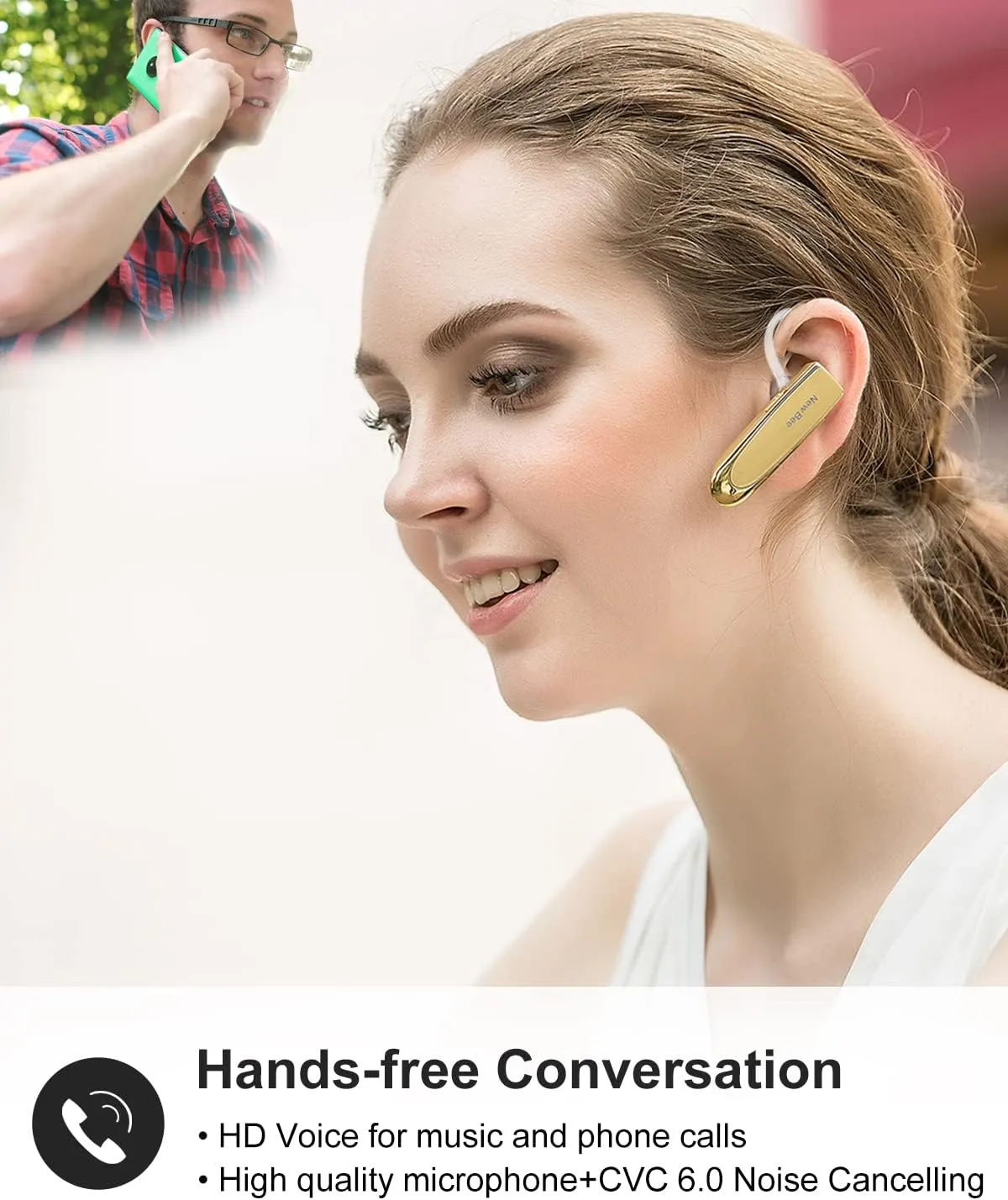 New bee Bluetooth Earpiece V5.0 Wireless Handsfree Headset with Microphone 24 Hrs Driving Headset 60 Days Standby Time for iPhone Android Samsung Laptop Trucker Driver (Gold)