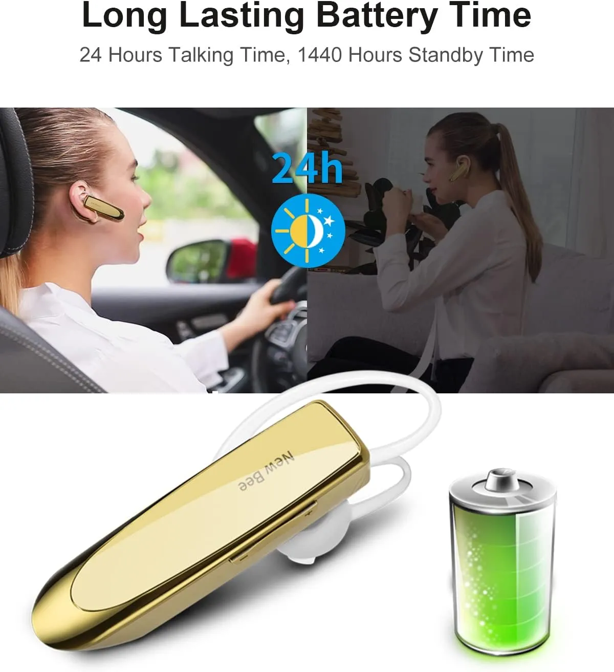 New bee Bluetooth Earpiece V5.0 Wireless Handsfree Headset with Microphone 24 Hrs Driving Headset 60 Days Standby Time for iPhone Android Samsung Laptop Trucker Driver (Gold)