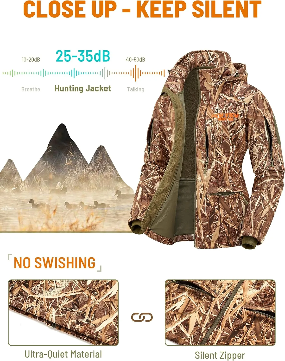 NEW VIEW Womens Hunting Clothes, Upgraded Ultra-Quiet Water Resistant Camo Hunting Jacket for Duck Waterfowl Deer Hunting