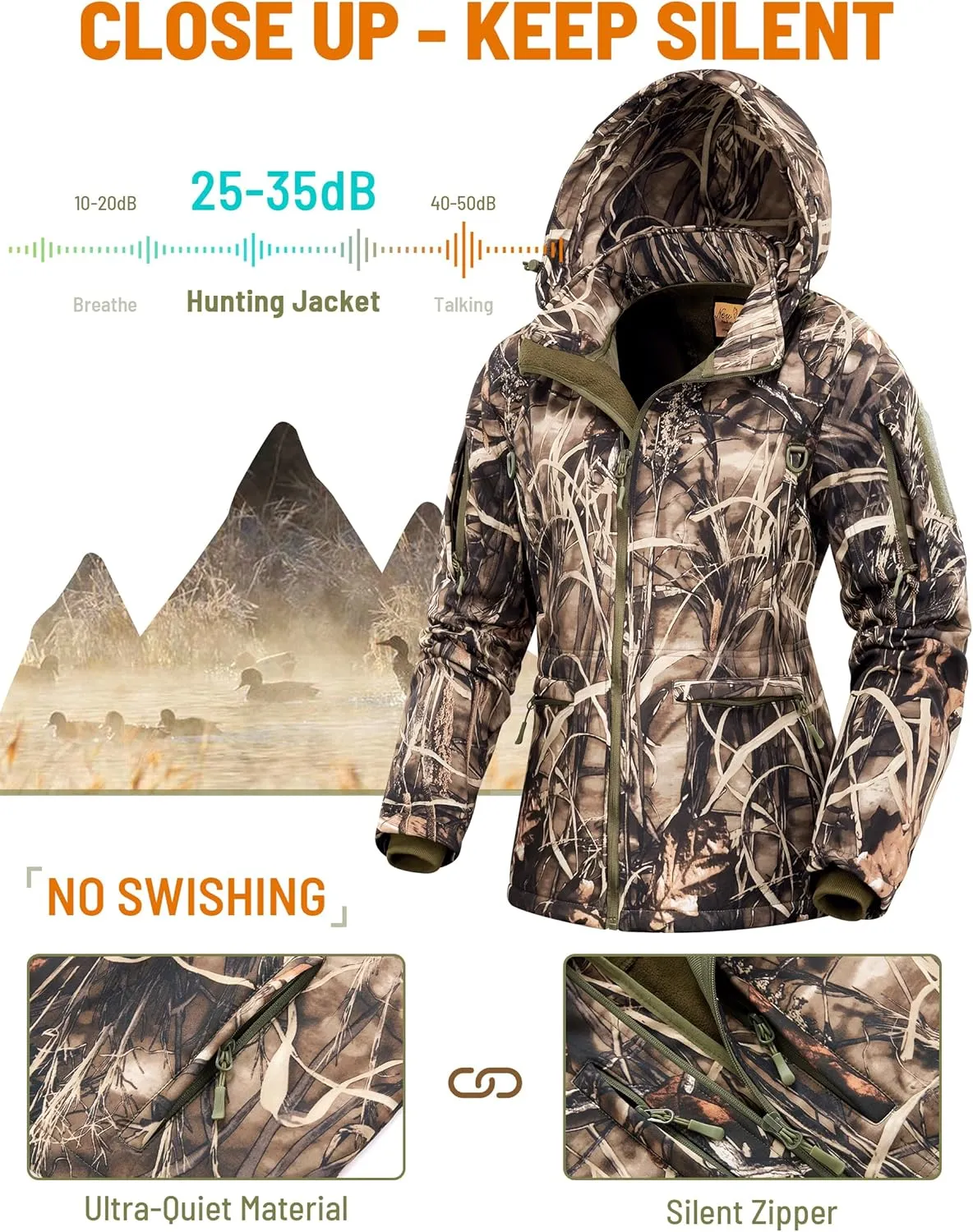 NEW VIEW Womens Hunting Clothes, Upgraded Ultra-Quiet Water Resistant Camo Hunting Jacket for Duck Waterfowl Deer Hunting
