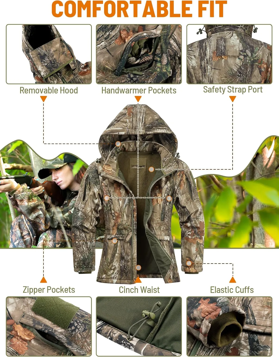 NEW VIEW Womens Hunting Clothes, Upgraded Ultra-Quiet Water Resistant Camo Hunting Jacket for Duck Waterfowl Deer Hunting