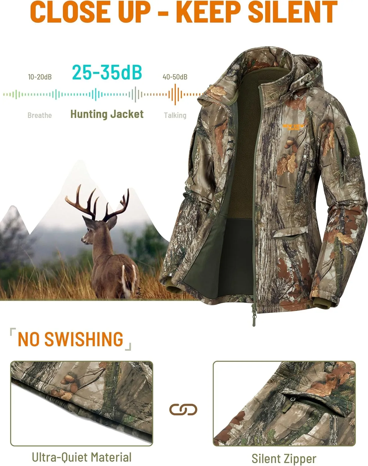 NEW VIEW Womens Hunting Clothes, Upgraded Ultra-Quiet Water Resistant Camo Hunting Jacket for Duck Waterfowl Deer Hunting