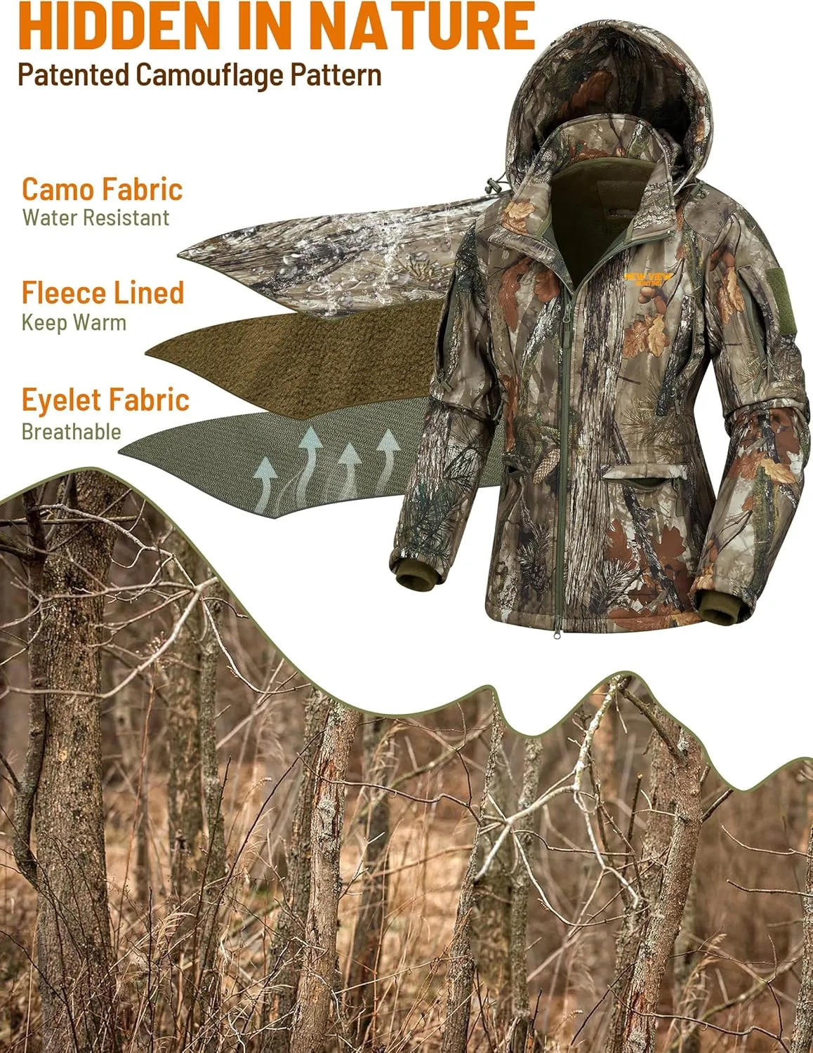NEW VIEW Womens Hunting Clothes, Upgraded Ultra-Quiet Water Resistant Camo Hunting Jacket for Duck Waterfowl Deer Hunting
