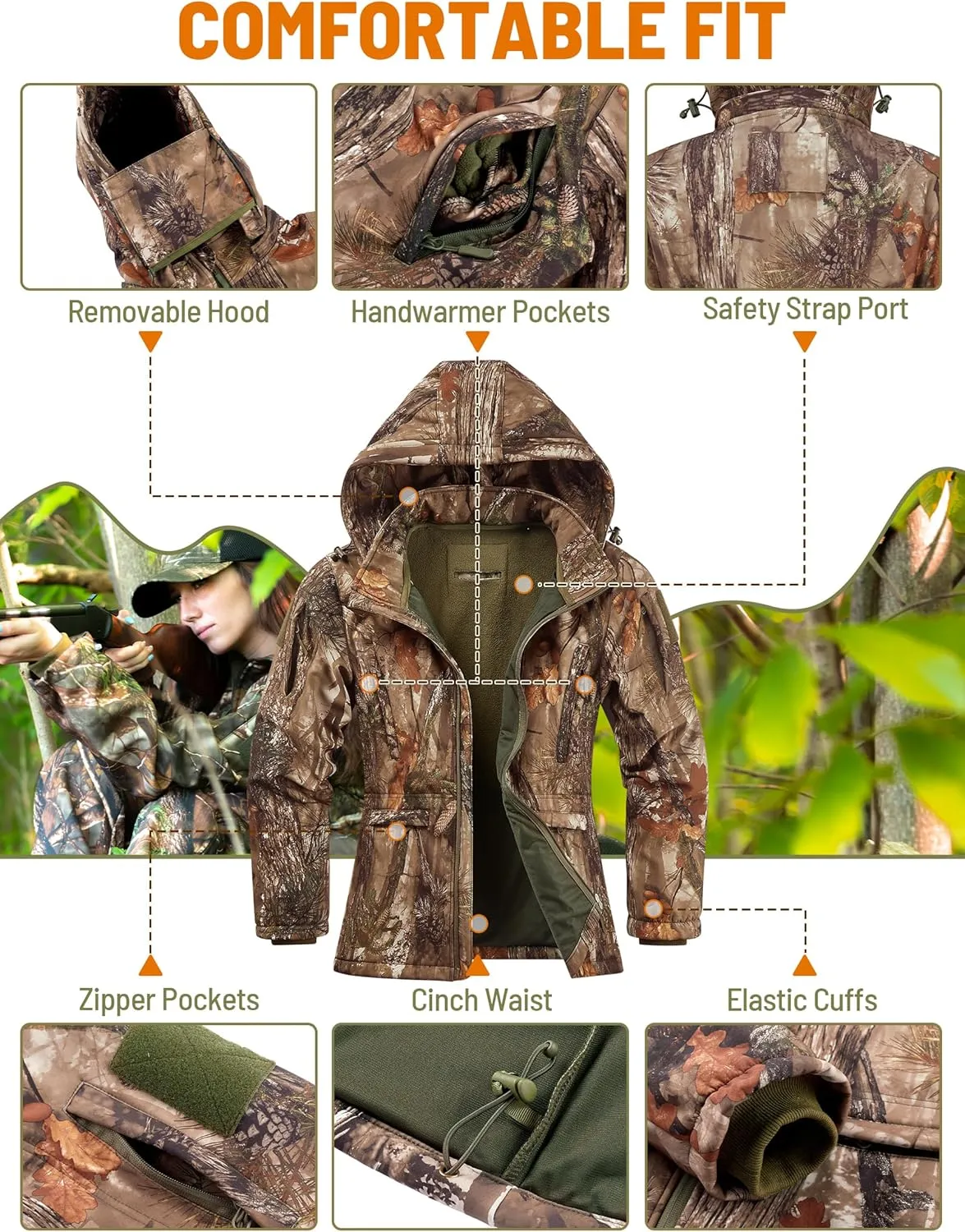 NEW VIEW Womens Hunting Clothes, Upgraded Ultra-Quiet Water Resistant Camo Hunting Jacket for Duck Waterfowl Deer Hunting