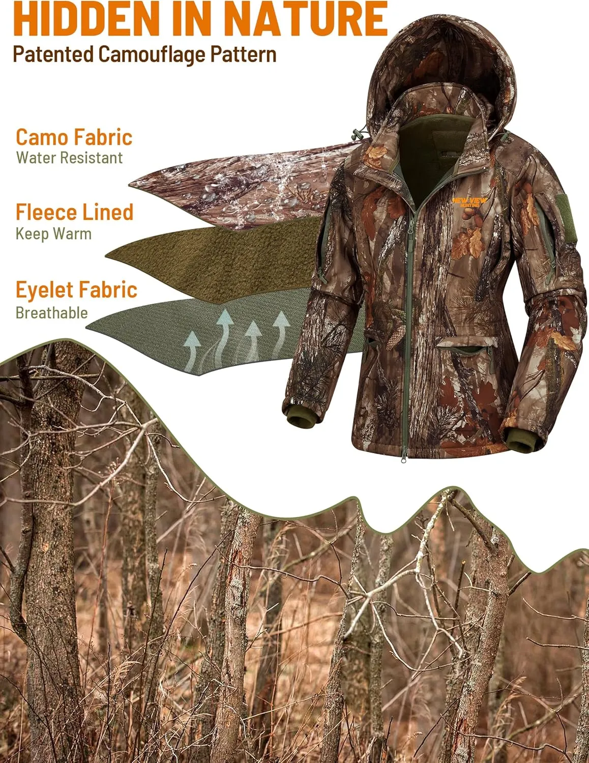 NEW VIEW Womens Hunting Clothes, Upgraded Ultra-Quiet Water Resistant Camo Hunting Jacket for Duck Waterfowl Deer Hunting