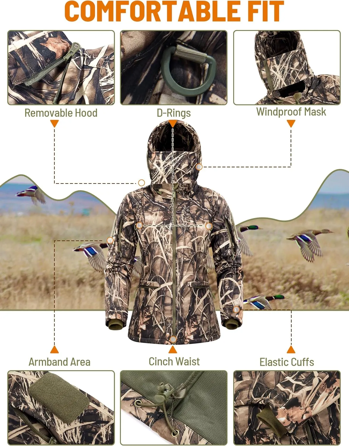 NEW VIEW Womens Hunting Clothes, Upgraded Ultra-Quiet Water Resistant Camo Hunting Jacket for Duck Waterfowl Deer Hunting