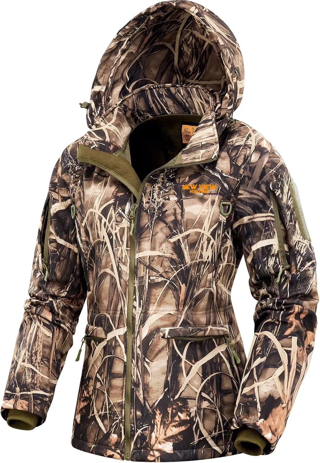 NEW VIEW Womens Hunting Clothes, Upgraded Ultra-Quiet Water Resistant Camo Hunting Jacket for Duck Waterfowl Deer Hunting