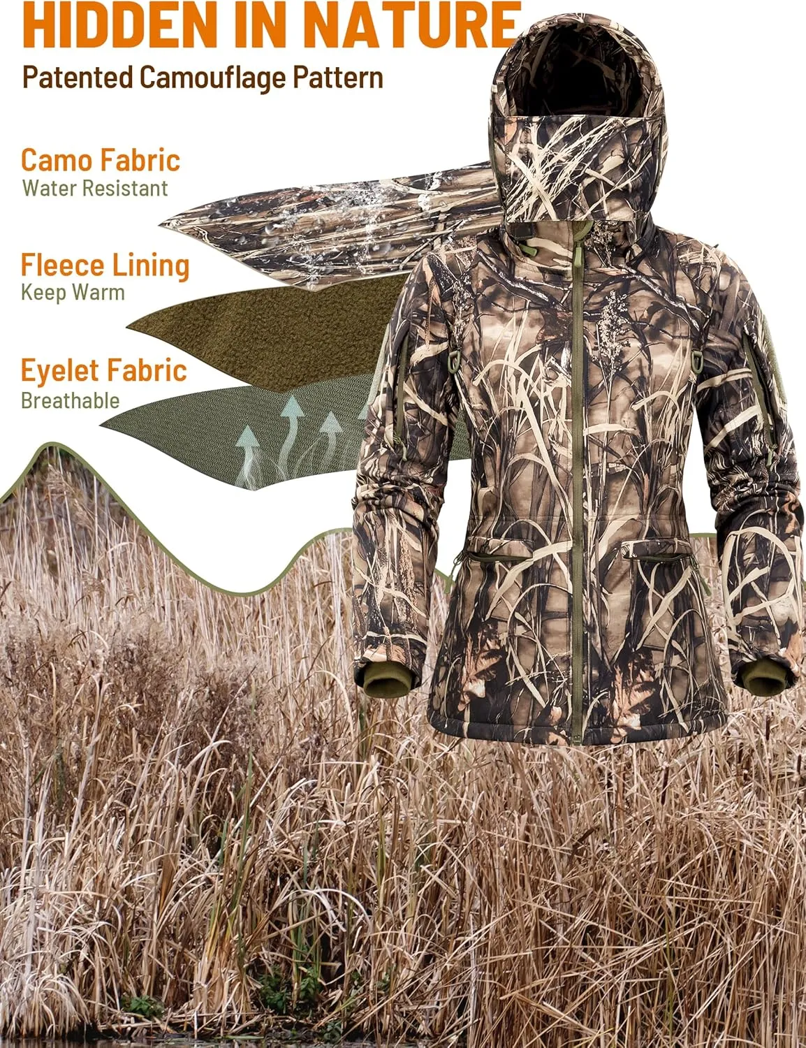 NEW VIEW Womens Hunting Clothes, Upgraded Ultra-Quiet Water Resistant Camo Hunting Jacket for Duck Waterfowl Deer Hunting