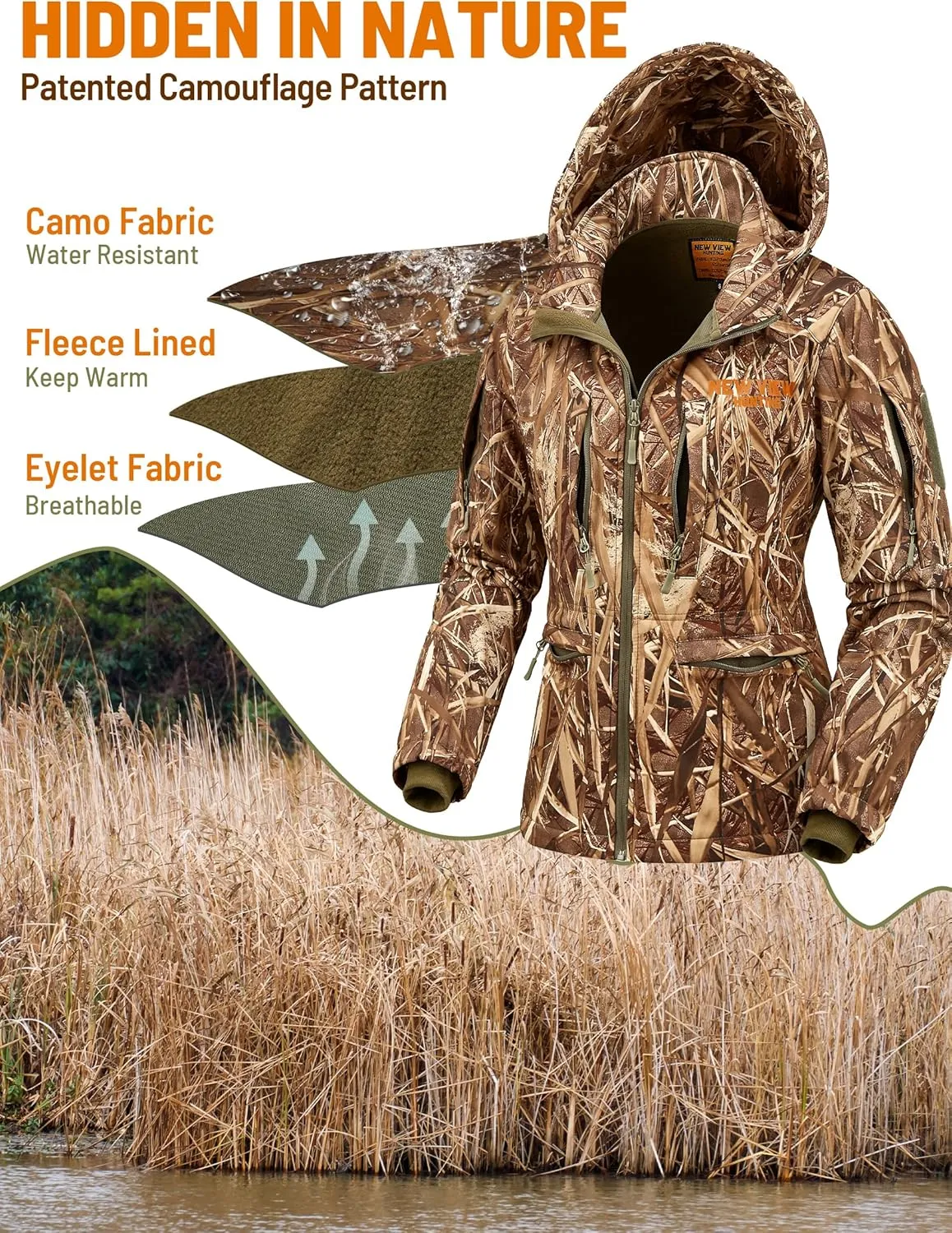 NEW VIEW Womens Hunting Clothes, Upgraded Ultra-Quiet Water Resistant Camo Hunting Jacket for Duck Waterfowl Deer Hunting