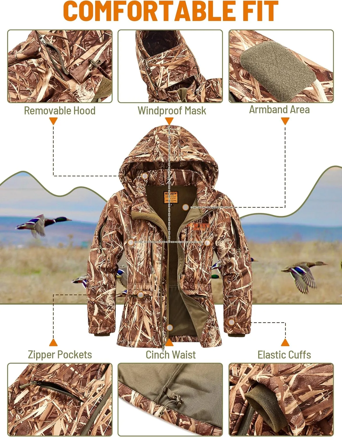 NEW VIEW Womens Hunting Clothes, Upgraded Ultra-Quiet Water Resistant Camo Hunting Jacket for Duck Waterfowl Deer Hunting