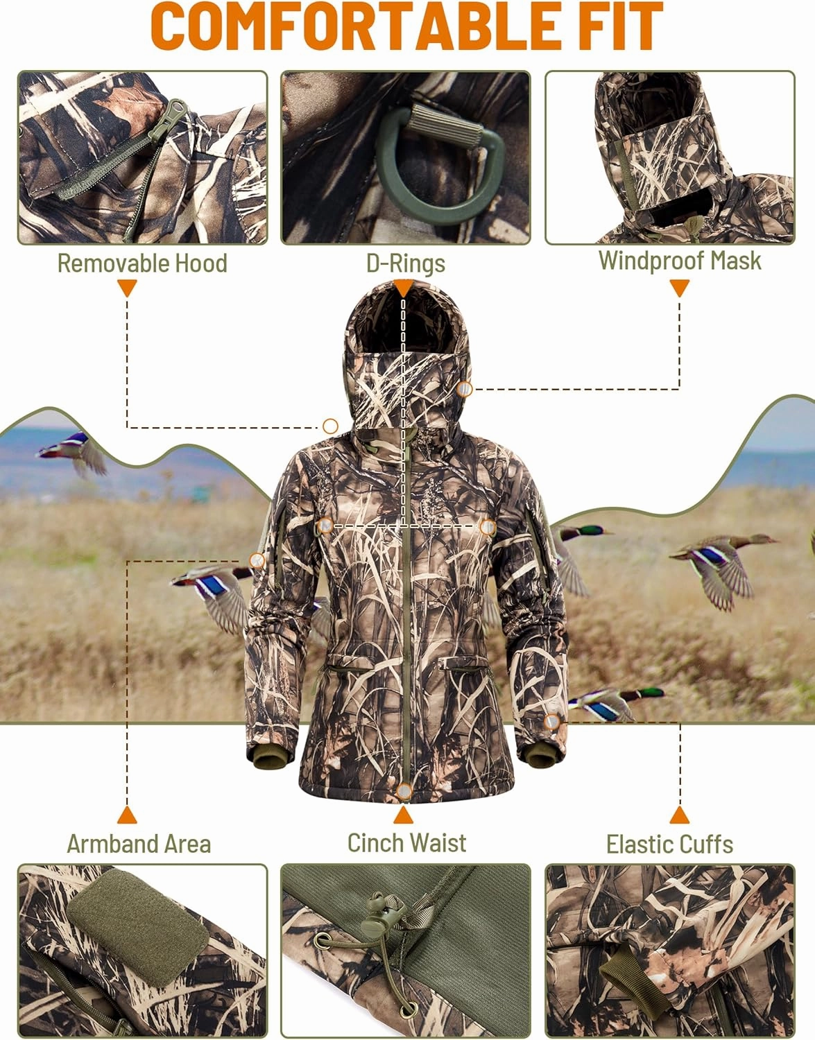 NEW VIEW Womens Hunting Clothes, Upgraded Ultra-Quiet Water Resistant Camo Hunting Jacket for Duck Waterfowl Deer Hunting
