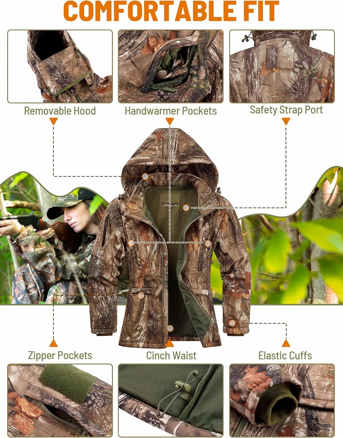 NEW VIEW Womens Hunting Clothes, Upgraded Ultra-Quiet Water Resistant Camo Hunting Jacket for Duck Waterfowl Deer Hunting