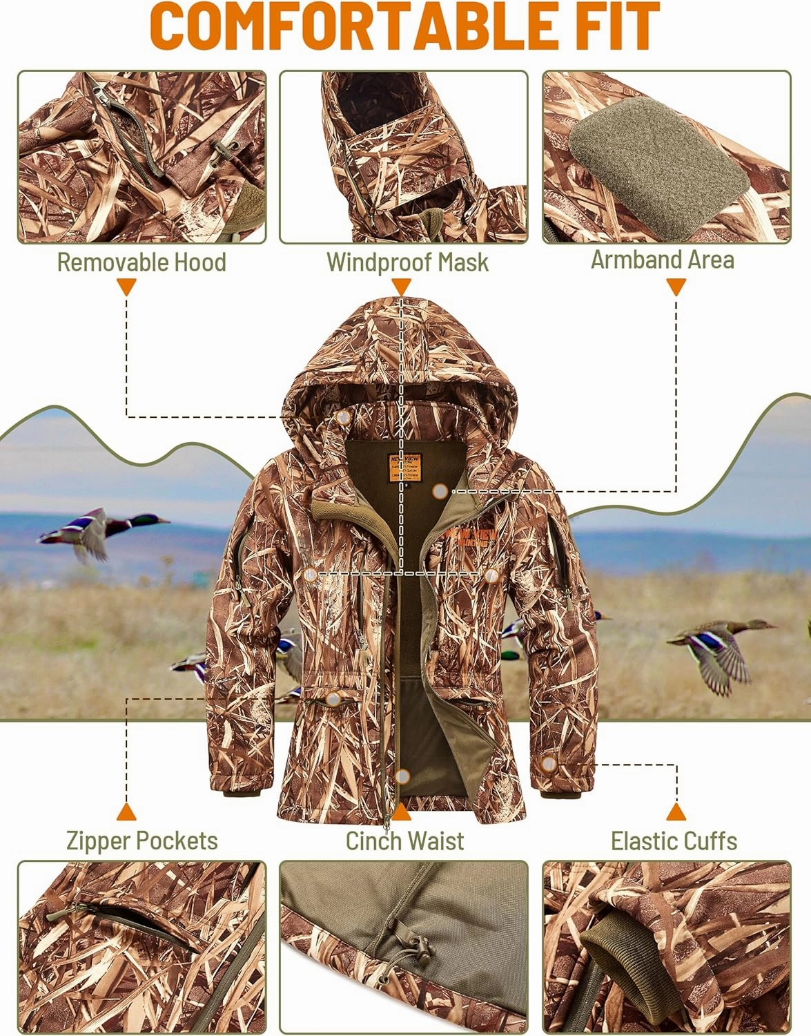 NEW VIEW Womens Hunting Clothes, Upgraded Ultra-Quiet Water Resistant Camo Hunting Jacket for Duck Waterfowl Deer Hunting