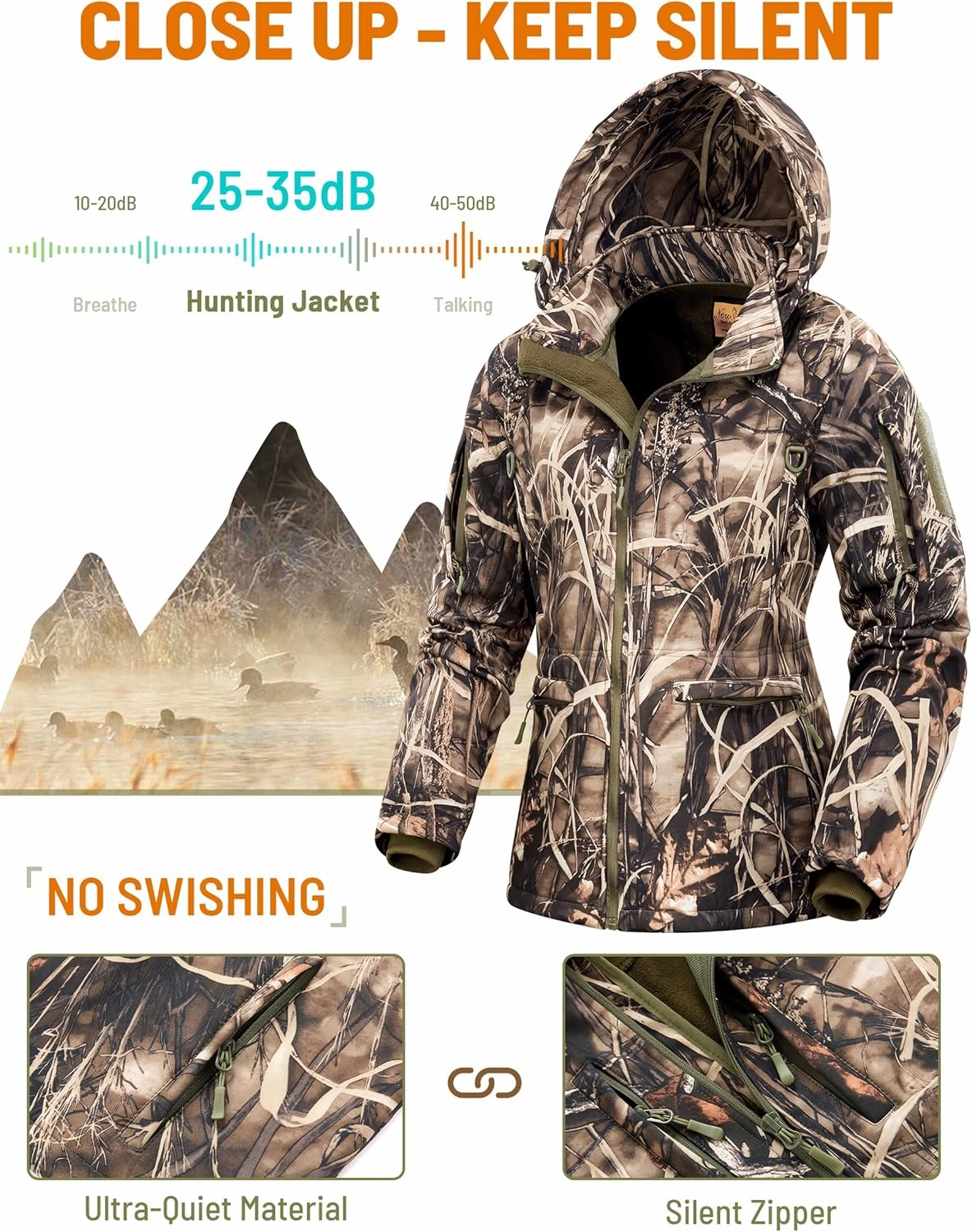 NEW VIEW Womens Hunting Clothes, Upgraded Ultra-Quiet Water Resistant Camo Hunting Jacket for Duck Waterfowl Deer Hunting