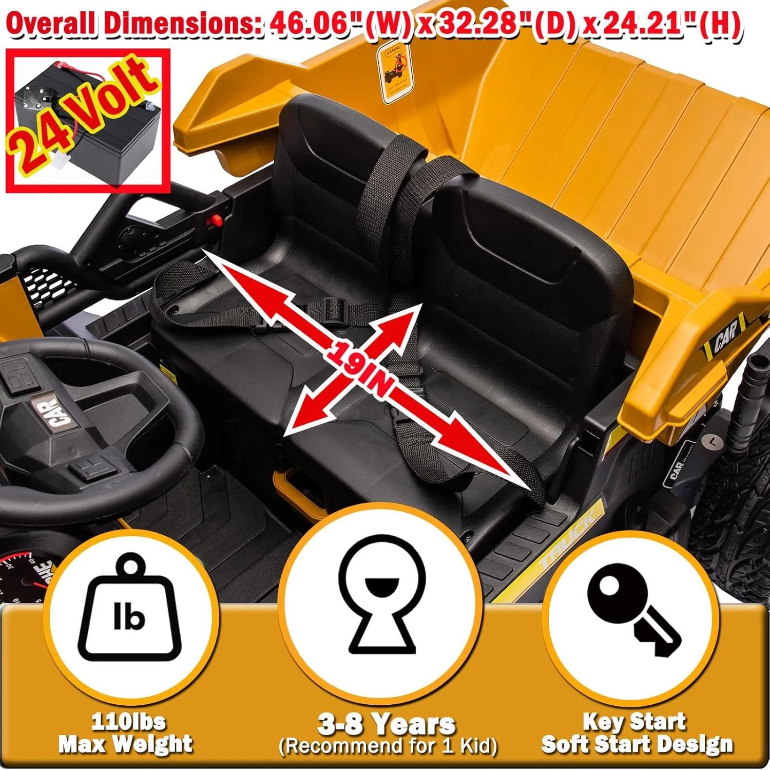 NEWQIDA 24V Ride on Dump Truck, Kids Electric Car with Remote Control, Ride on Construction Vehicles with Electric Dump Bed and Extra Shovel, 2x75W Powerful Motors, Up to 4.4 Mph, Soft Start, Yellow