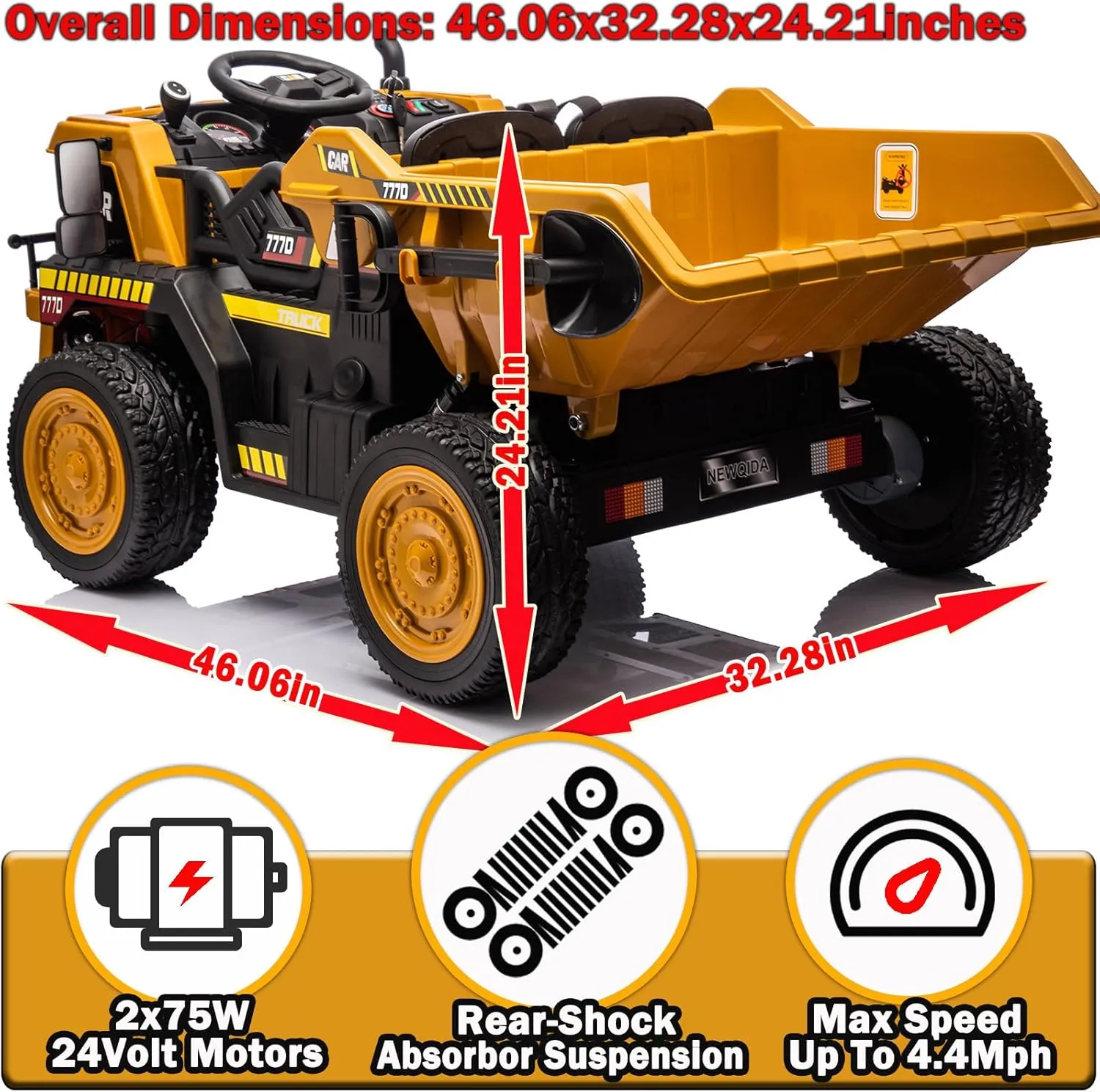 NEWQIDA 24V Ride on Dump Truck, Kids Electric Car with Remote Control, Ride on Construction Vehicles with Electric Dump Bed and Extra Shovel, 2x75W Powerful Motors, Up to 4.4 Mph, Soft Start, Yellow