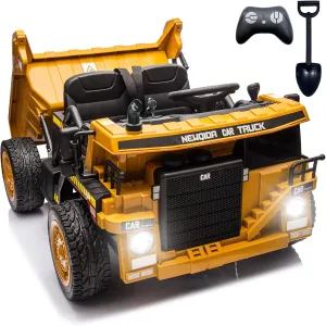 NEWQIDA 24V Ride on Dump Truck, Kids Electric Car with Remote Control, Ride on Construction Vehicles with Electric Dump Bed and Extra Shovel, 2x75W Powerful Motors, Up to 4.4 Mph, Soft Start, Yellow