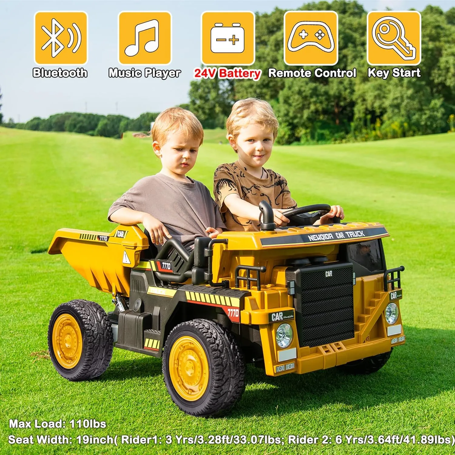 NEWQIDA 24V Ride on Dump Truck, Kids Electric Car with Remote Control, Ride on Construction Vehicles with Electric Dump Bed and Extra Shovel, 2x75W Powerful Motors, Up to 4.4 Mph, Soft Start, Yellow