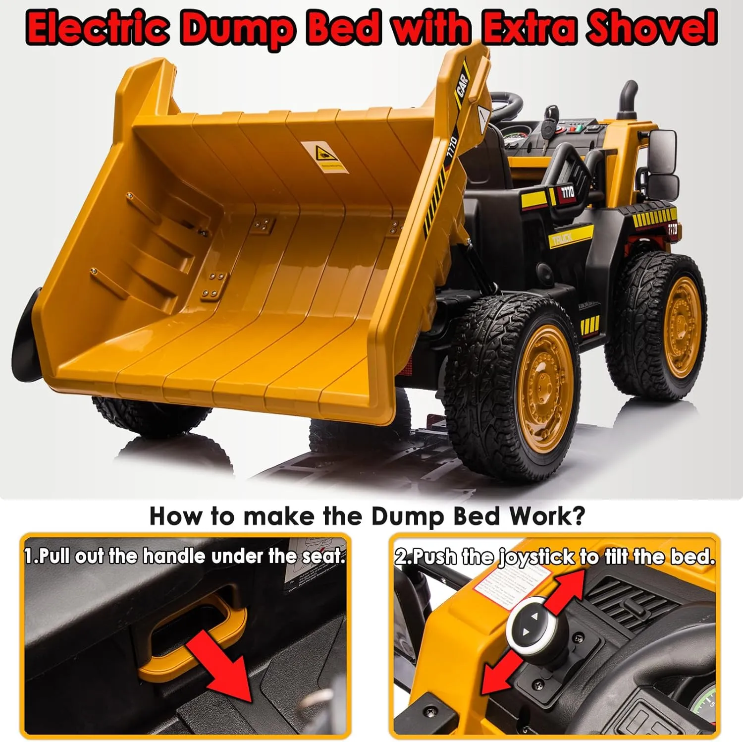 NEWQIDA 24V Ride on Dump Truck, Kids Electric Car with Remote Control, Ride on Construction Vehicles with Electric Dump Bed and Extra Shovel, 2x75W Powerful Motors, Up to 4.4 Mph, Soft Start, Yellow