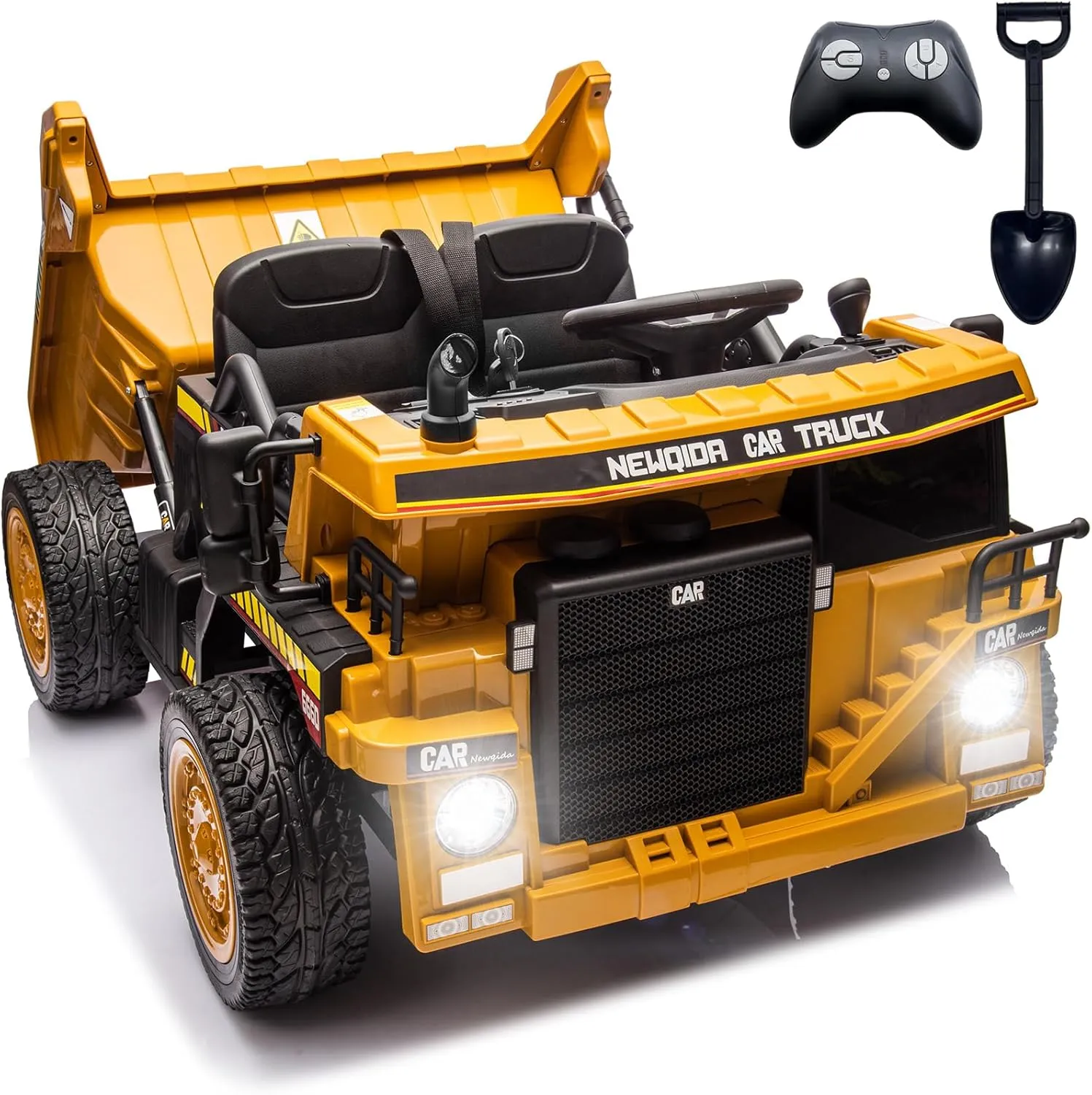 NEWQIDA 24V Ride on Dump Truck, Kids Electric Car with Remote Control, Ride on Construction Vehicles with Electric Dump Bed and Extra Shovel, 2x75W Powerful Motors, Up to 4.4 Mph, Soft Start, Yellow