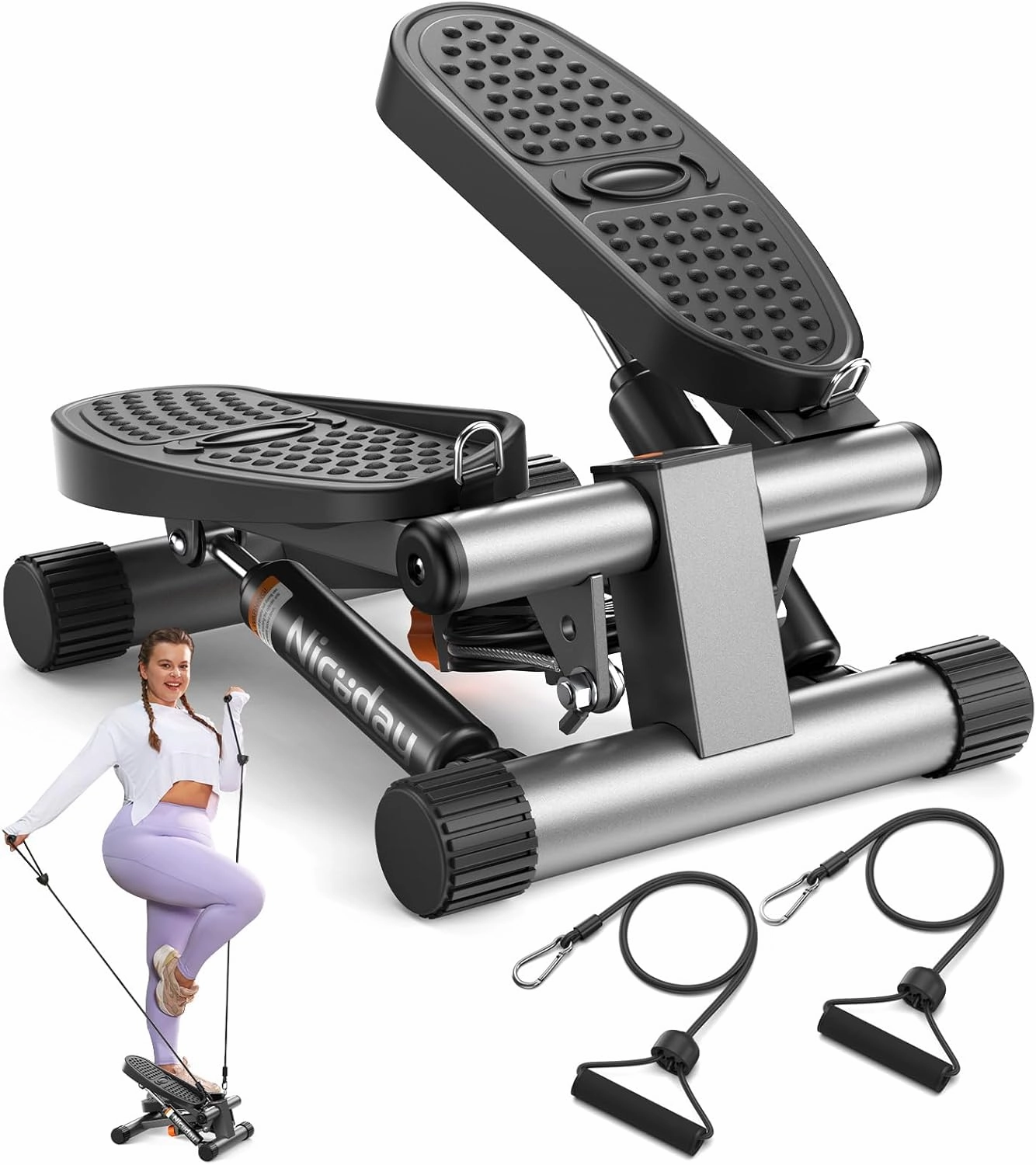 Niceday Steppers for Exercise, Mini Stair Stepper with Resistance Bands at Home Workout Equipment with 300LBS Loading Capacity, Hydraulic Fitness Stepper with LCD Monitor
