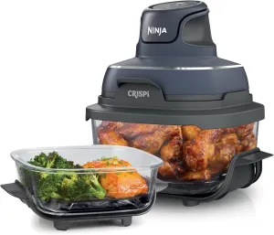 Ninja Crispi 4-in-1 Portable Glass Air Fryer Cooking System, 4QT & 6 Cup Glass Containers with Storage Lids, Easy Meals, Microwave, Freezer & Dishwasher Safe, Air Fry, Bake & More, Cyberspace, FN101GY