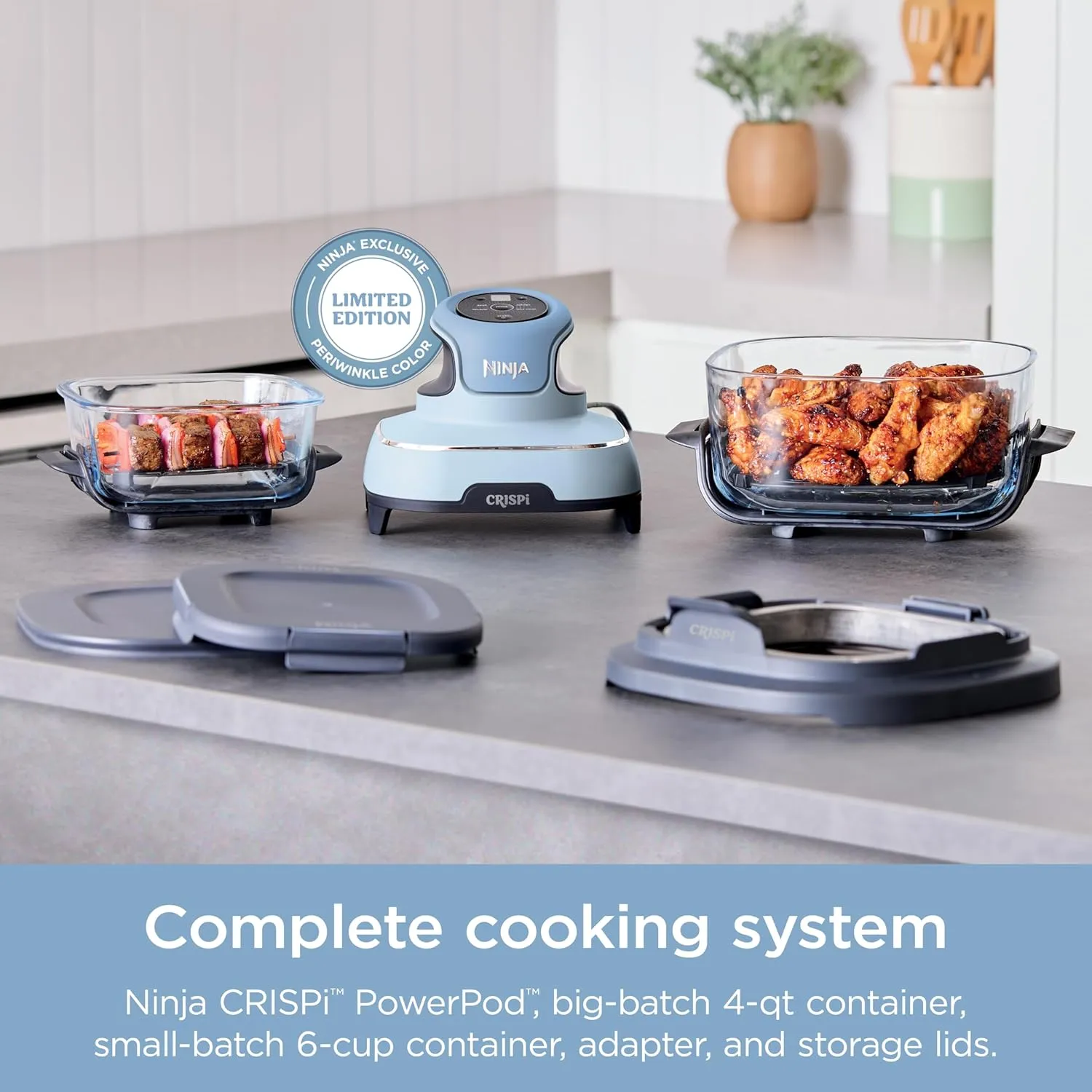 Ninja Crispi 4-in-1 Portable Glass Air Fryer Cooking System, 4QT & 6Cup Glass Containers with Storage Lids, Easy Meals, Microwave, Freezer & Dishwasher Safe, Air Fry, Bake, & More, Periwinkle, FN101PL