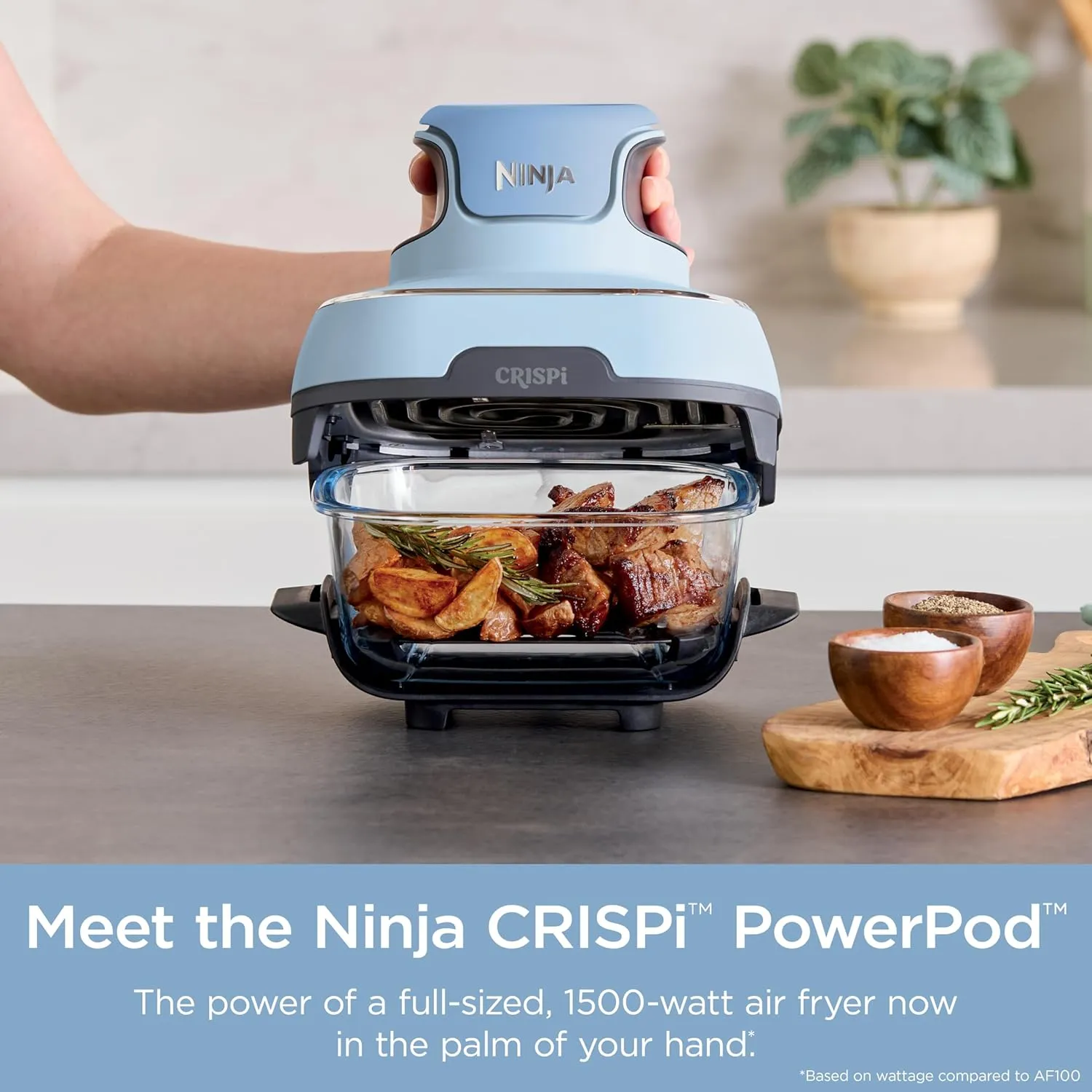 Ninja Crispi 4-in-1 Portable Glass Air Fryer Cooking System, 4QT & 6Cup Glass Containers with Storage Lids, Easy Meals, Microwave, Freezer & Dishwasher Safe, Air Fry, Bake, & More, Periwinkle, FN101PL