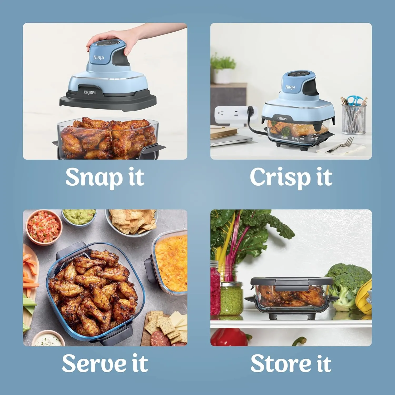 Ninja Crispi 4-in-1 Portable Glass Air Fryer Cooking System, 4QT & 6Cup Glass Containers with Storage Lids, Easy Meals, Microwave, Freezer & Dishwasher Safe, Air Fry, Bake, & More, Periwinkle, FN101PL