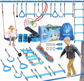 Ninja Warrior Obstacle Course for Kids - Ninja Backyard Obstacle Course - 50' Weatherproof Outdoor Ninja Course Set with 10 Obstacles, Like Ladder, Swing