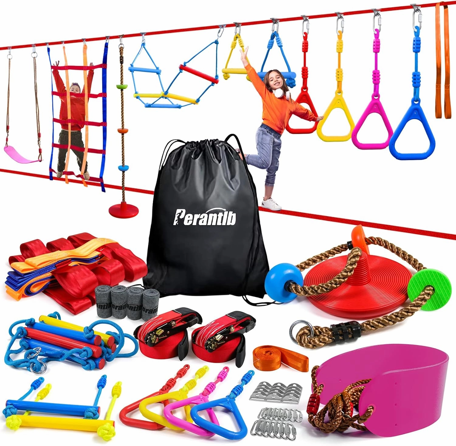 Ninja Warrior Obstacle Course for Kids-Playground Fitness Equipment Ninja Slackline with Multiple Accessories for Kids,Contain Swings,Rope ladders,Rings,Ninja Couse for Kids Outside (2x56ft)