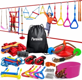Ninja Warrior Obstacle Course for Kids-Playground Fitness Equipment Ninja Slackline with Multiple Accessories for Kids,Contain Swings,Rope ladders,Rings,Ninja Couse for Kids Outside (2x56ft)
