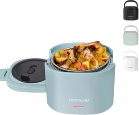 Nostalgia Portable 20-Ounce Electric Heated Lunch Box – Travel Size 2.5 Cup Capacity for Soup, Chili, and Leftovers – Leak Proof Silicone Sealed Lid, Foldable Carry Handle, Detachable Cord – Chambray