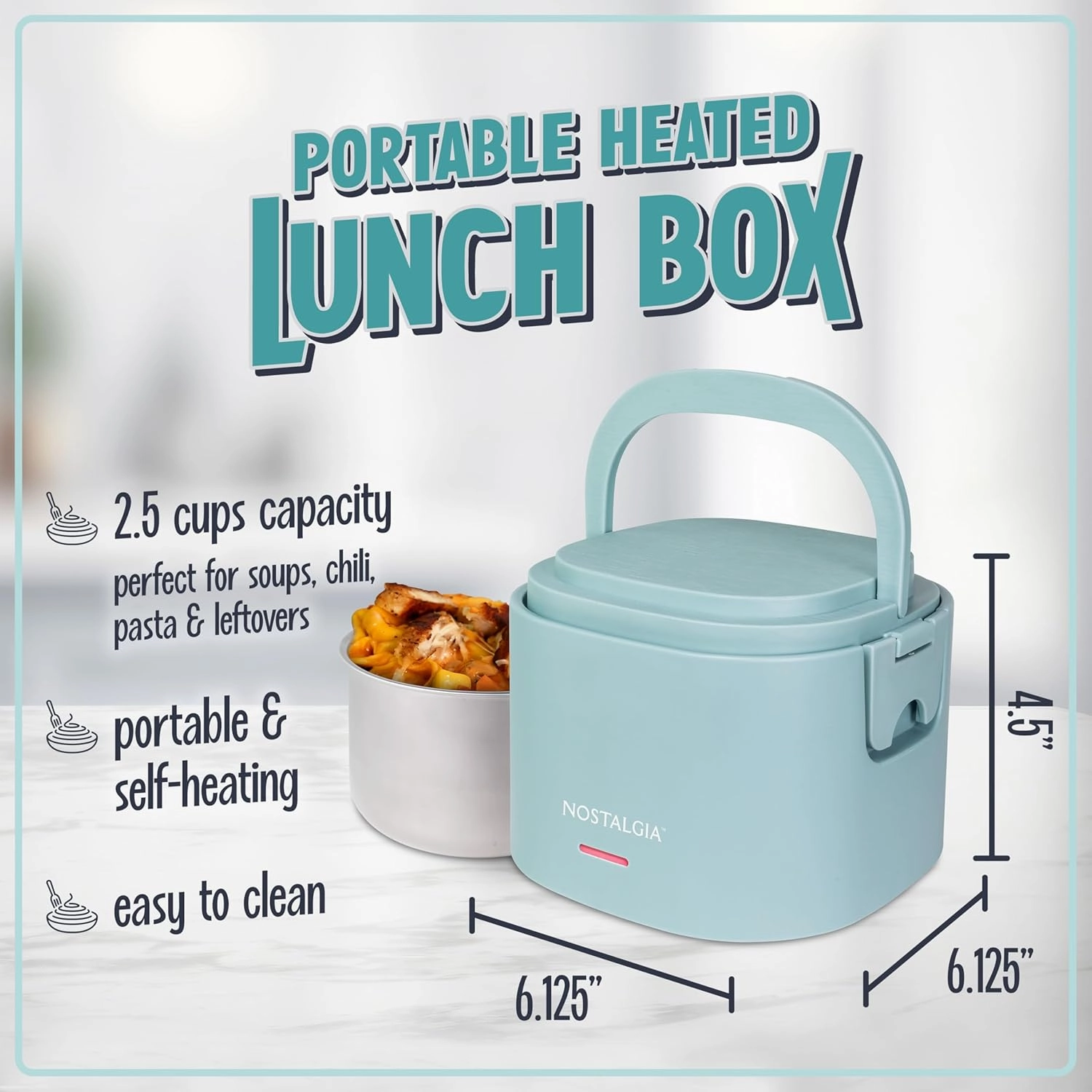 Nostalgia Portable 20-Ounce Electric Heated Lunch Box – Travel Size 2.5 Cup Capacity for Soup, Chili, and Leftovers – Leak Proof Silicone Sealed Lid, Foldable Carry Handle, Detachable Cord – Chambray