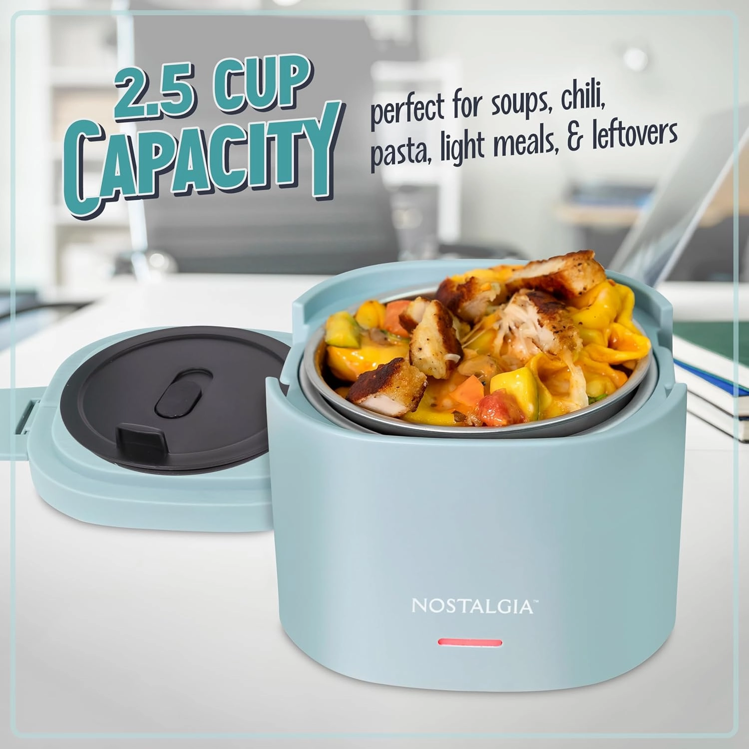Nostalgia Portable 20-Ounce Electric Heated Lunch Box – Travel Size 2.5 Cup Capacity for Soup, Chili, and Leftovers – Leak Proof Silicone Sealed Lid, Foldable Carry Handle, Detachable Cord – Chambray