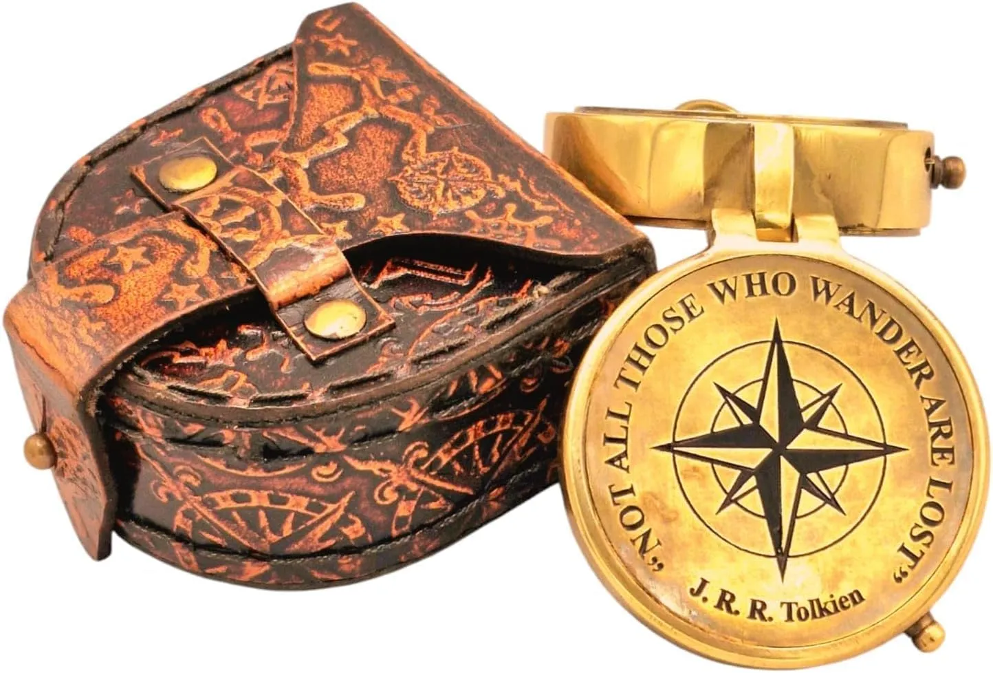 Not All Who Wander 2" Pocket Compass are Lost Engraved Compass Scripture Antique Brass J.R.R. Tolkien Pocket Compass Vintage Compass for Hiking & Camping Gifts for Men with Artificial Leather Case