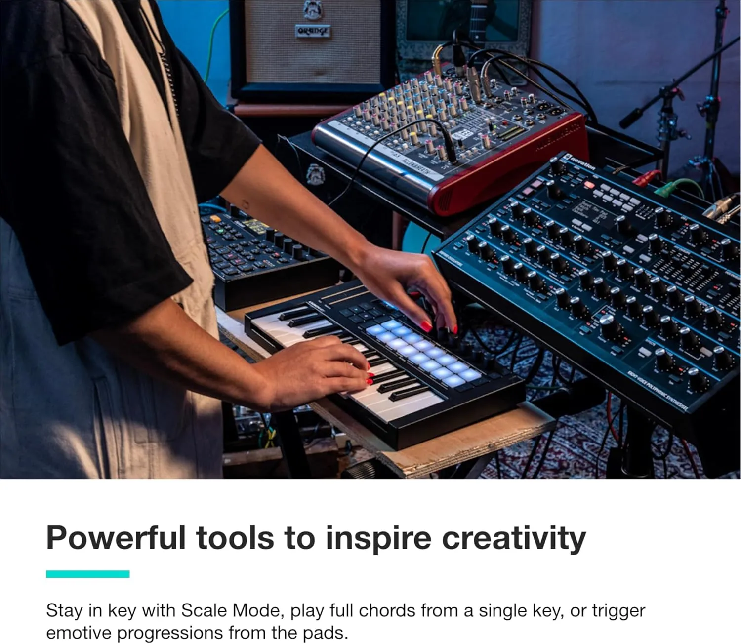 Novation Launchkey Mini 25 MK4 — Portable 25 Mini-Key, USB, MIDI Keyboard Controller with DAW Integration. Chord Mode, Scale Mode, Drum Pads, and Arpeggiator. Includes Music Creation Software Bundle
