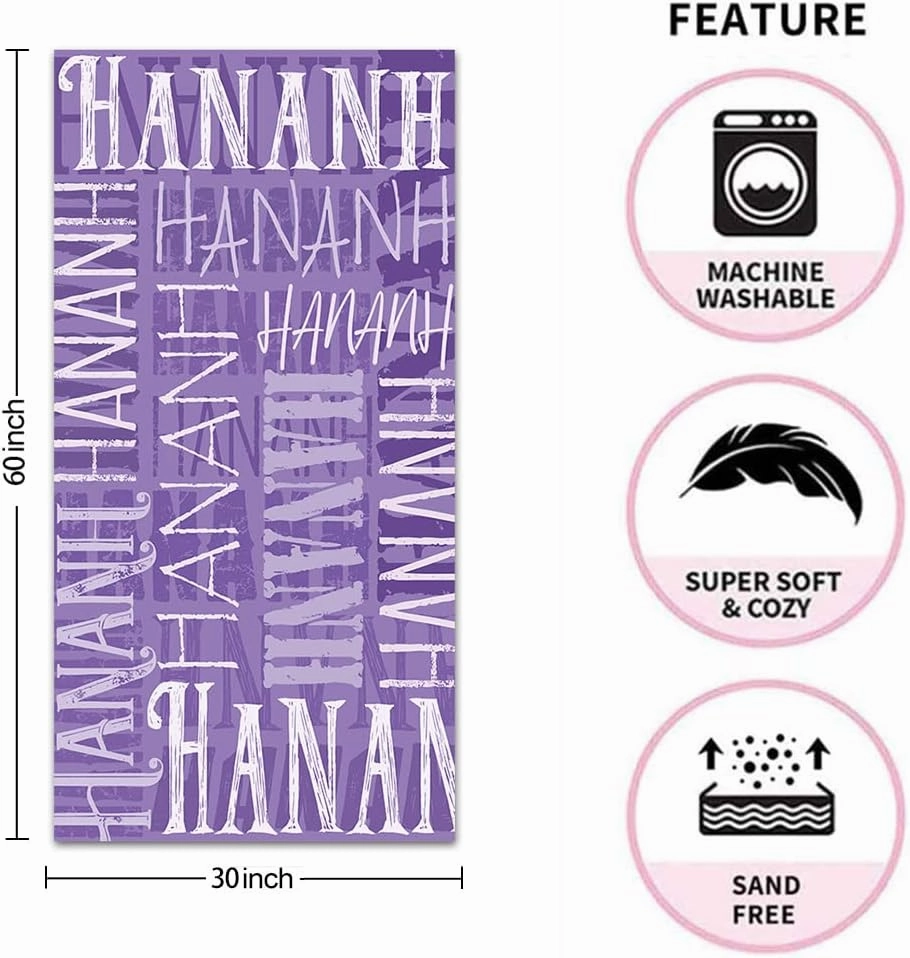 Novgarden Personalized Beach Towel for Kids, Custom Beach Towels with Names, 30'' x 60'' Microfiber Quick Dry Beach Blanket Essentials for Vacation, Travel, Swimming Pool, Bath